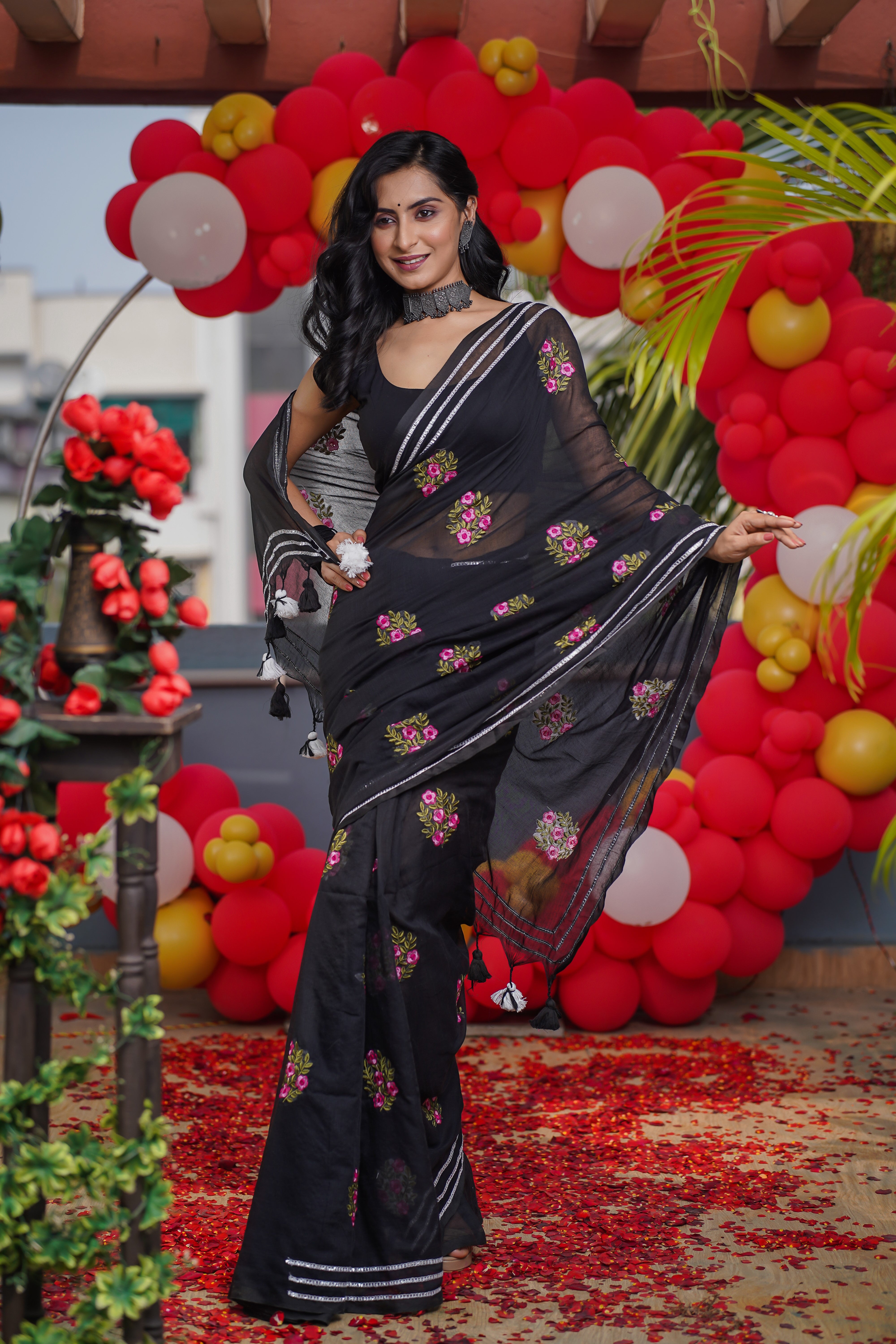 Lavanya Black Mul Mul Cotton Saree With Embroidery