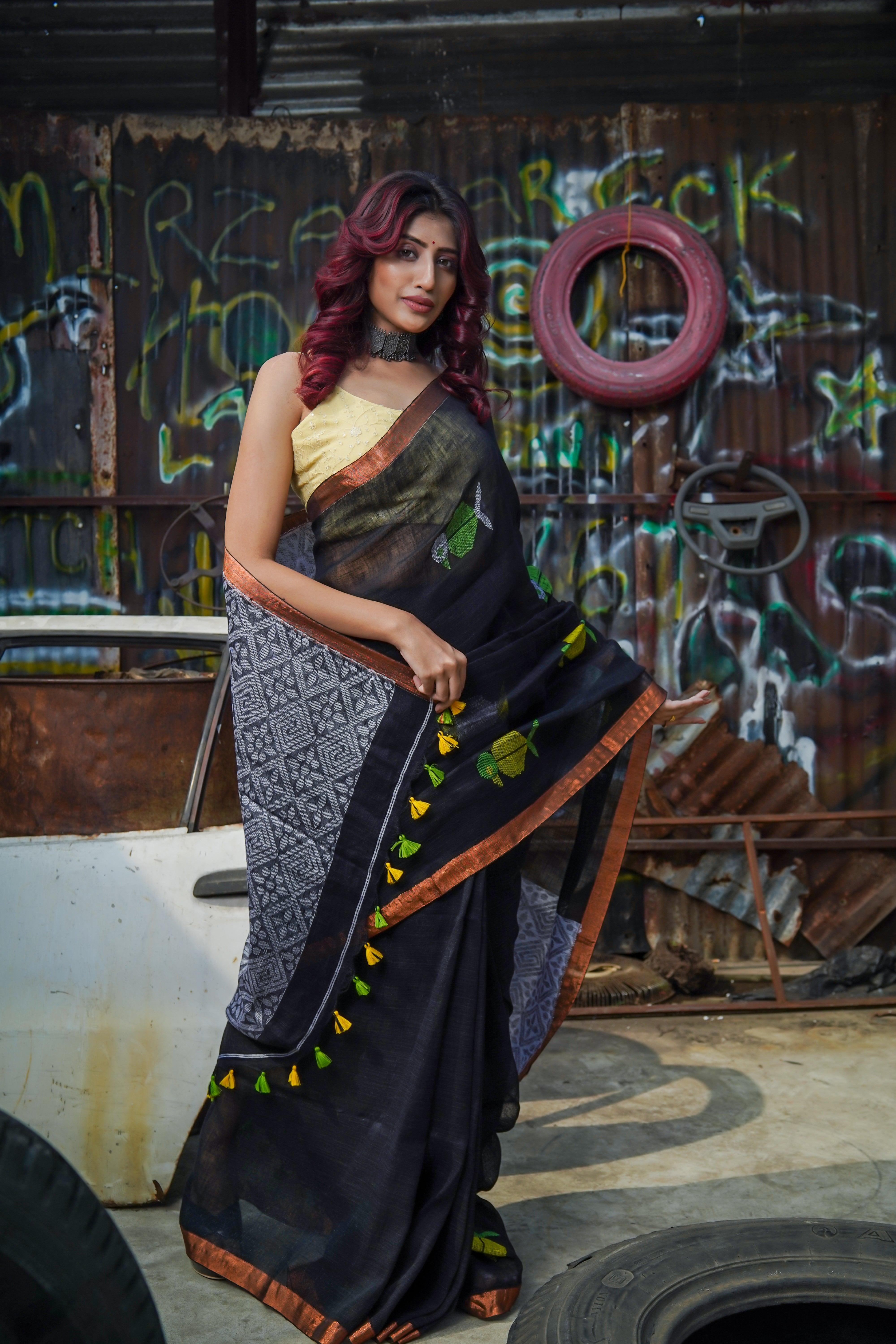 Handwoven Black Linen Jamdani Saree with Penguin Animal weaving
