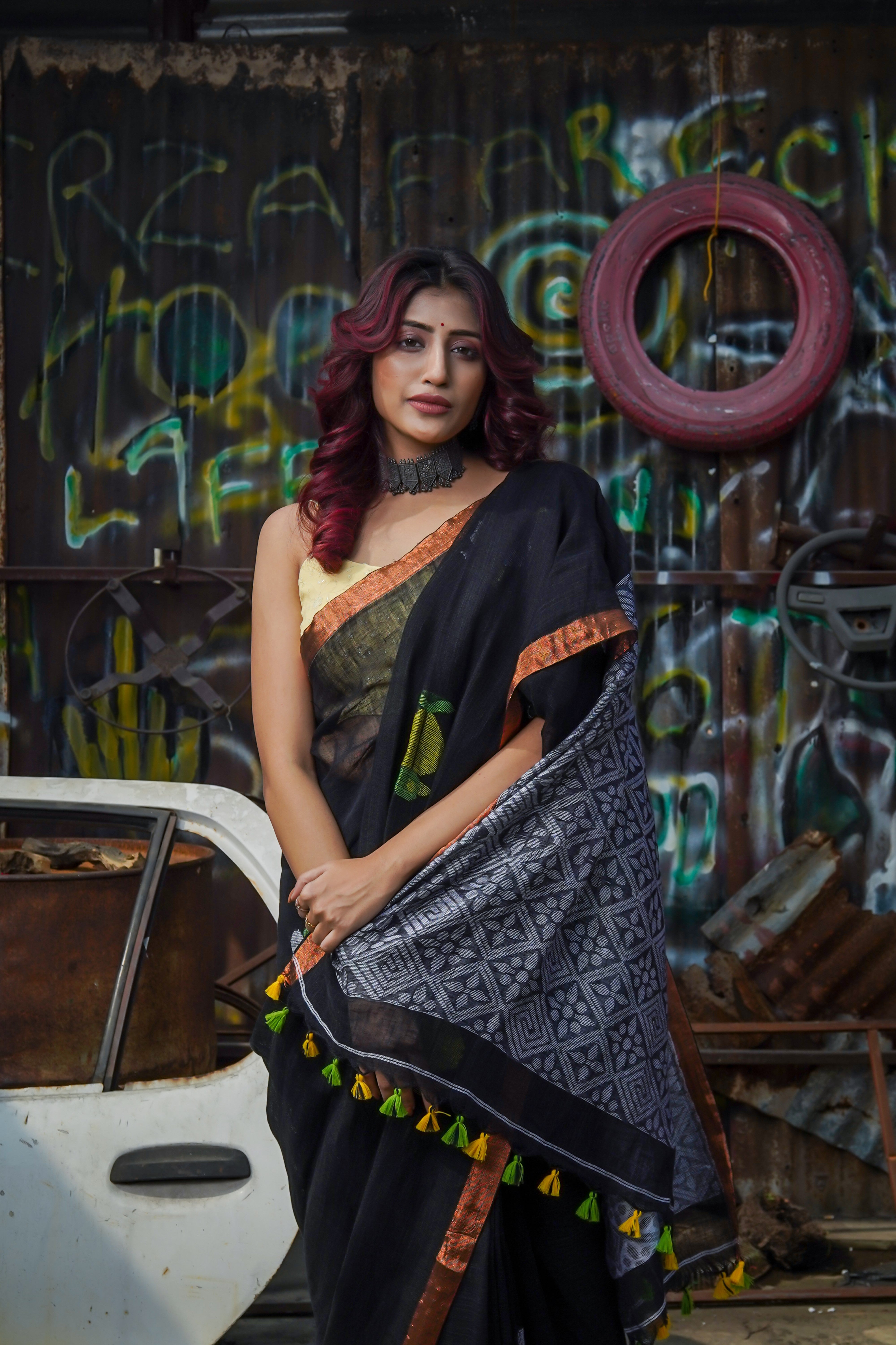 Handwoven Black Linen Jamdani Saree with Penguin Animal weaving
