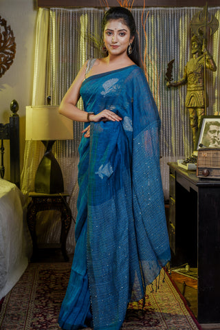 Blue sequence work rose motif Handwoven Linen Saree with blouse piece