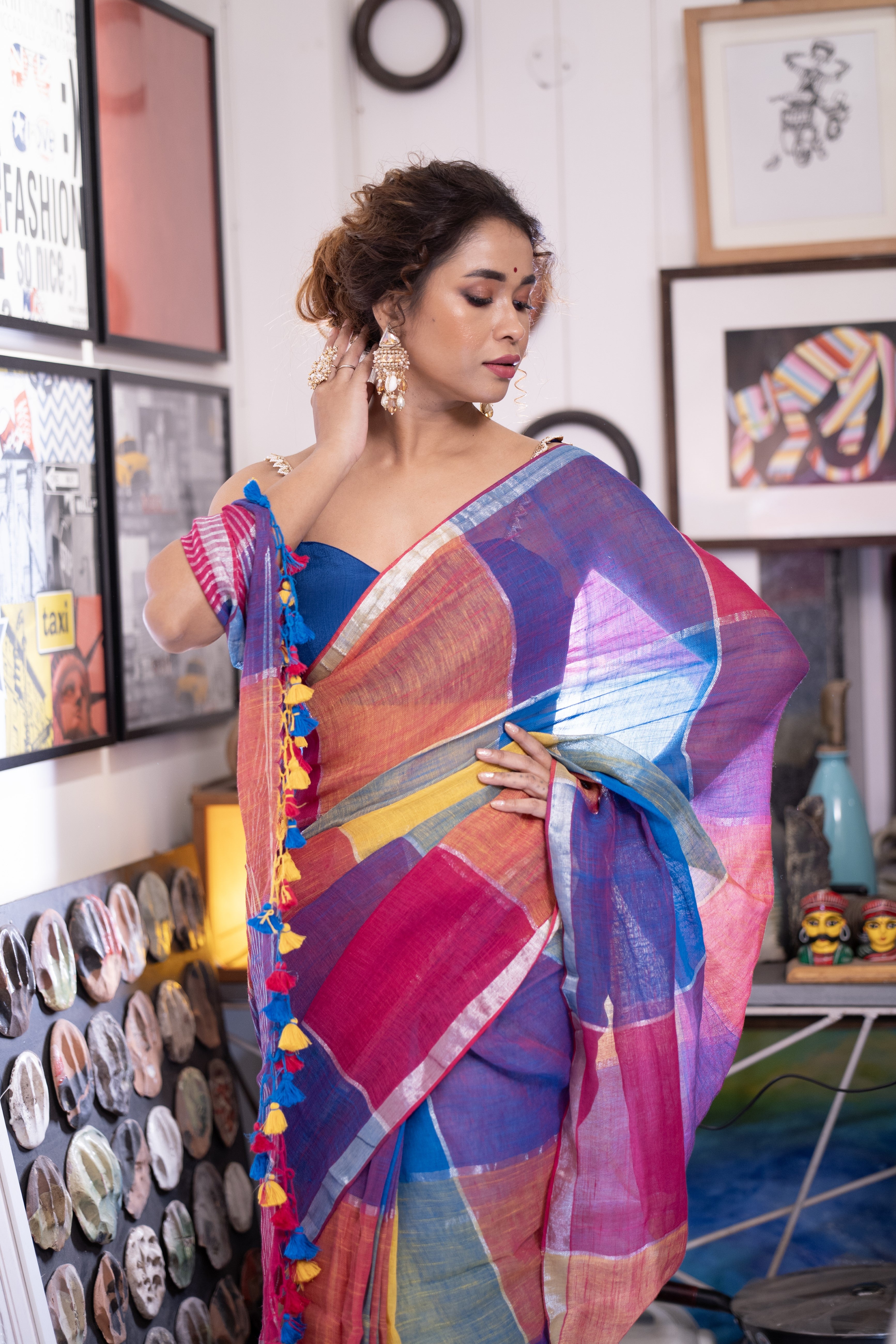 Blue and Rani Multicolor Zari Check Linen Saree