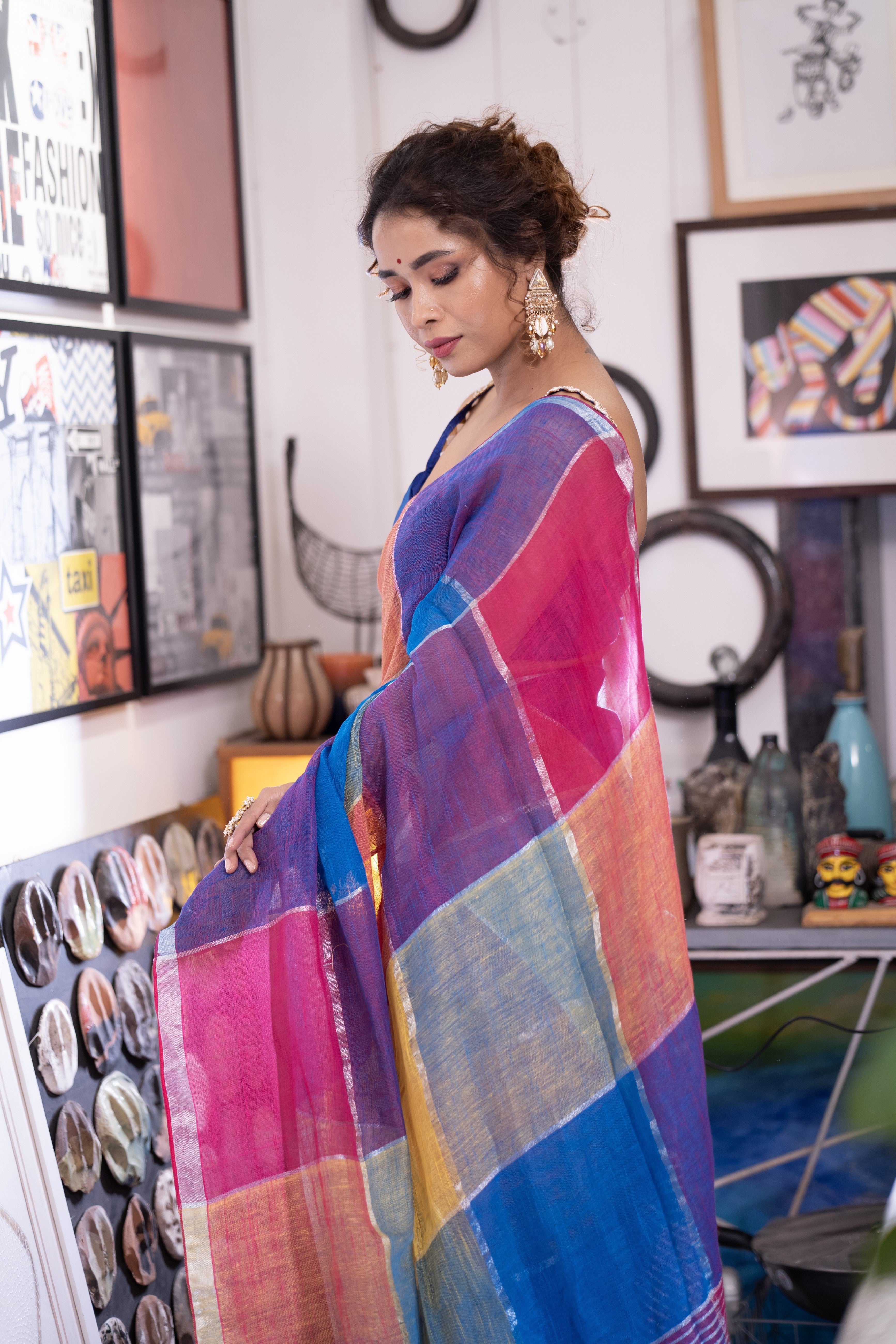 Blue and Rani Multicolor Zari Check Linen Saree