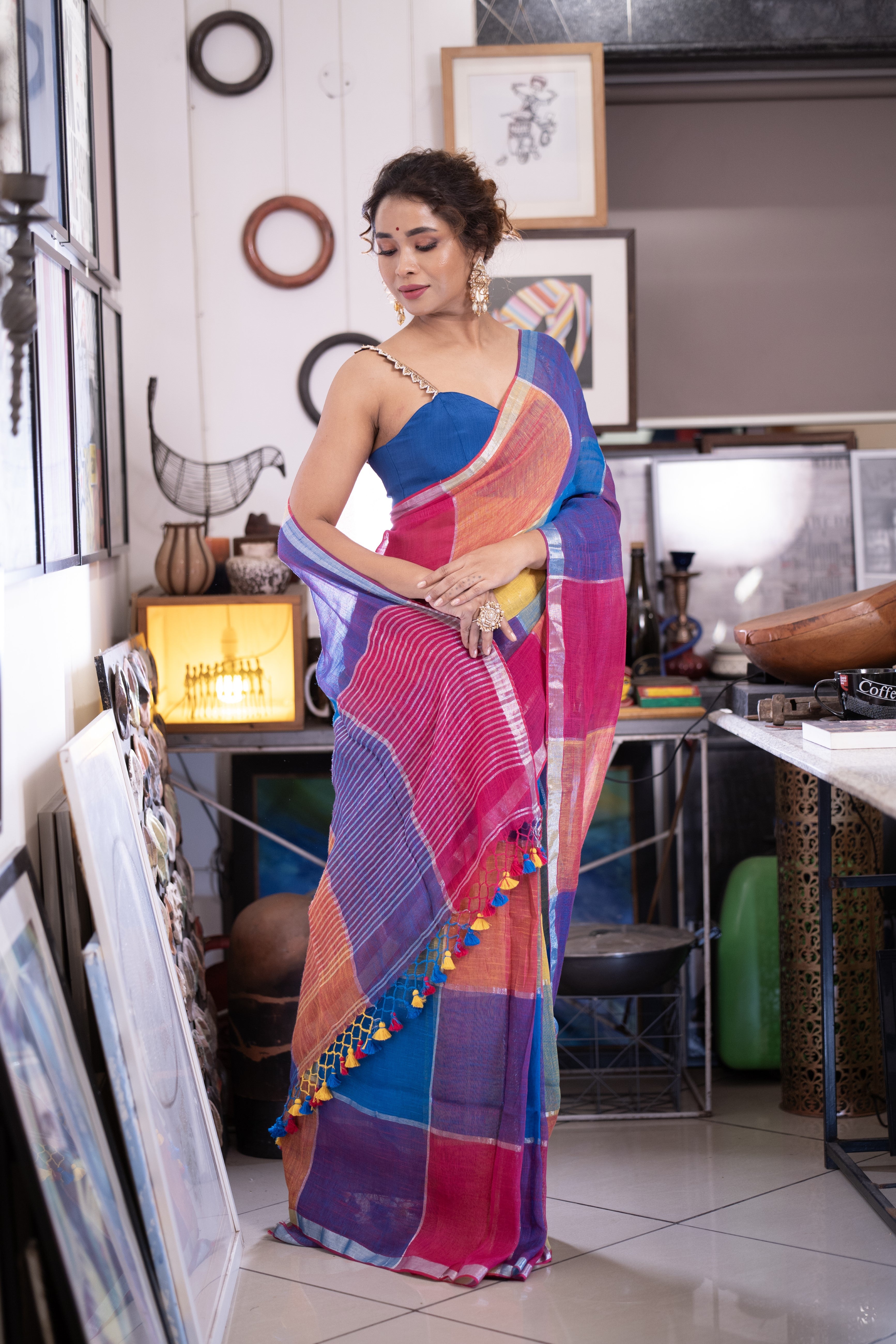 Blue and Rani Multicolor Zari Check Linen Saree