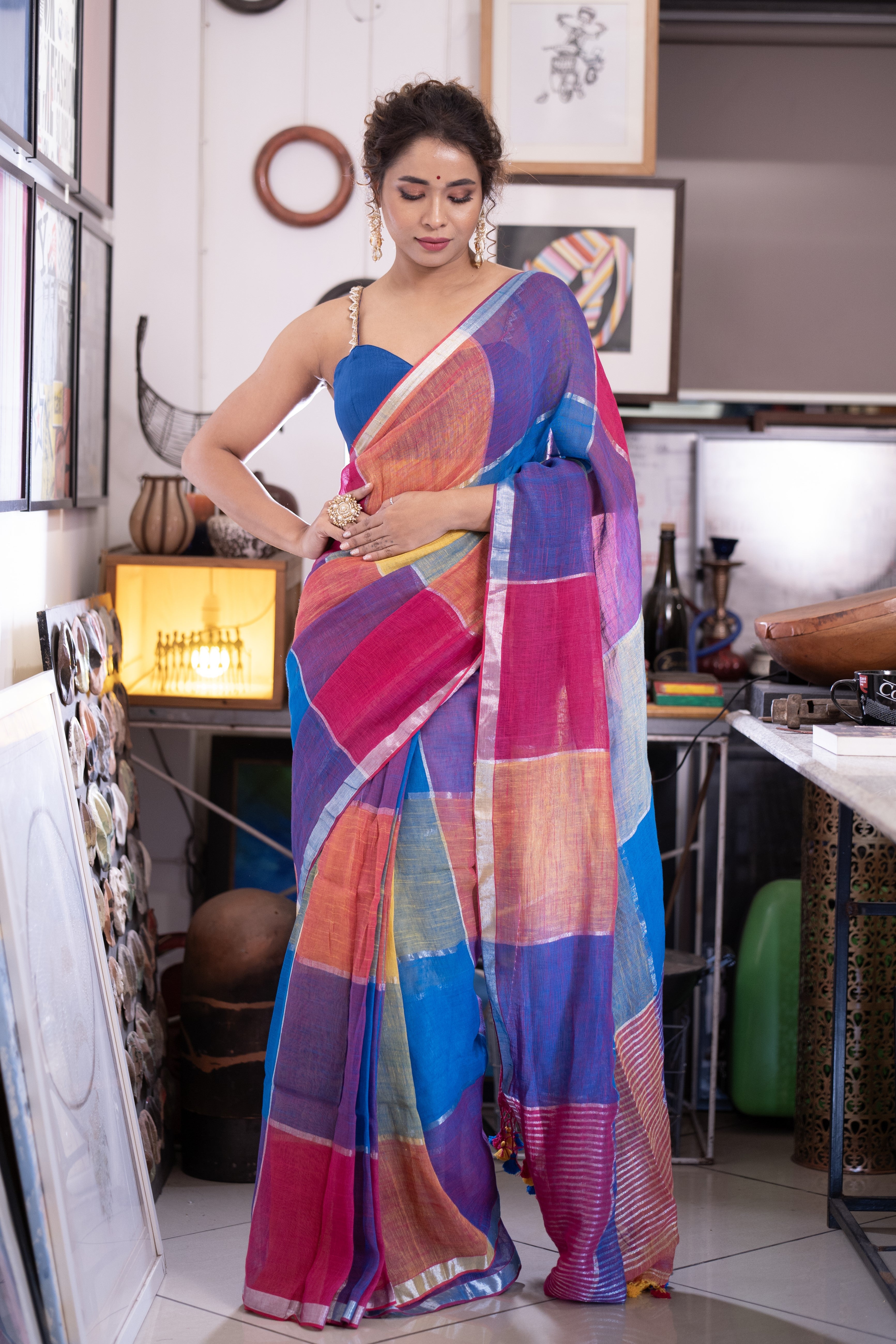 Blue and Rani Multicolor Zari Check Linen Saree