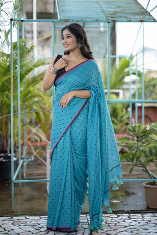 Blue polka dot hand print  Cotton Sarees