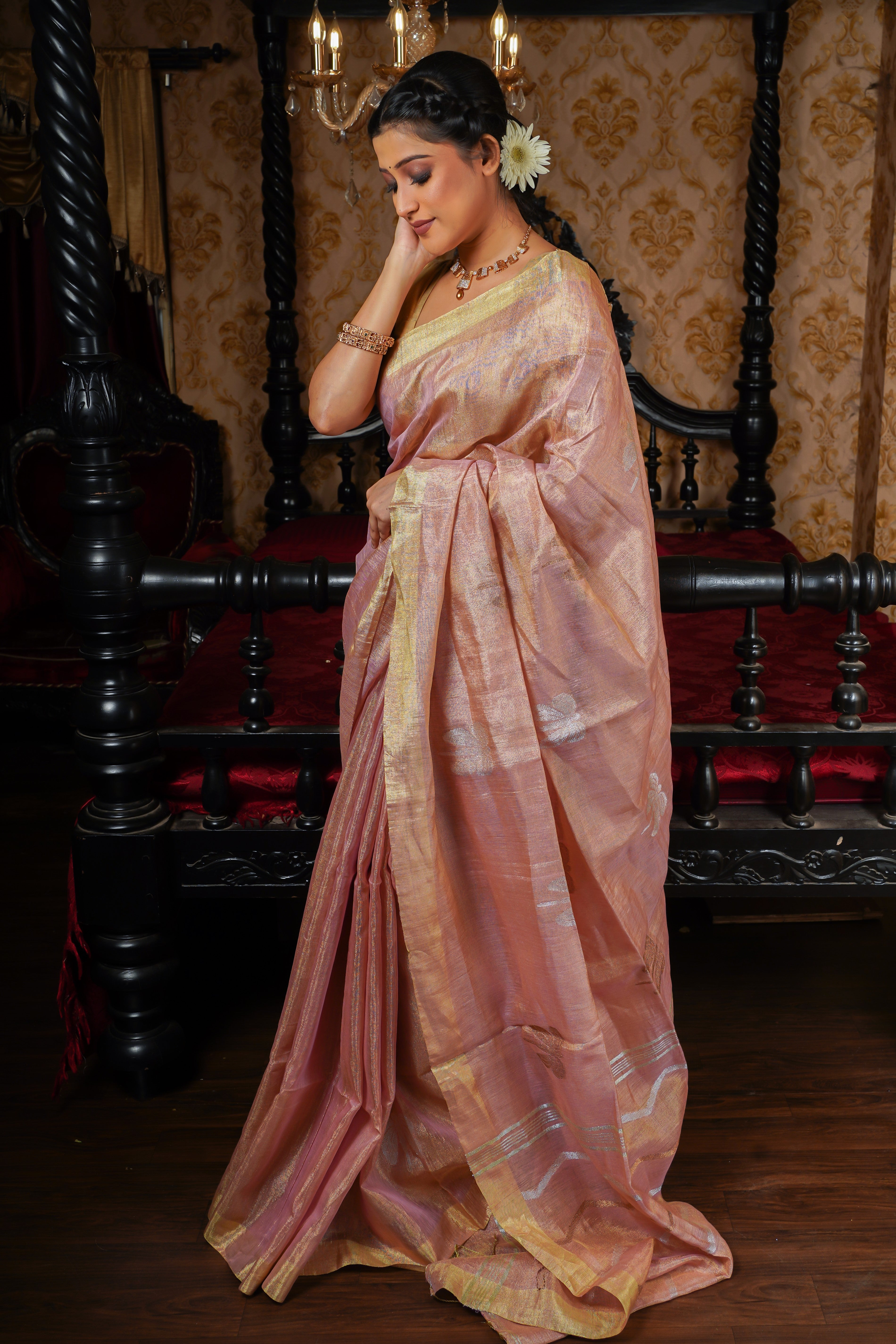Blush Pink Pure Tissue Linen Butterfly Hand Woven Saree