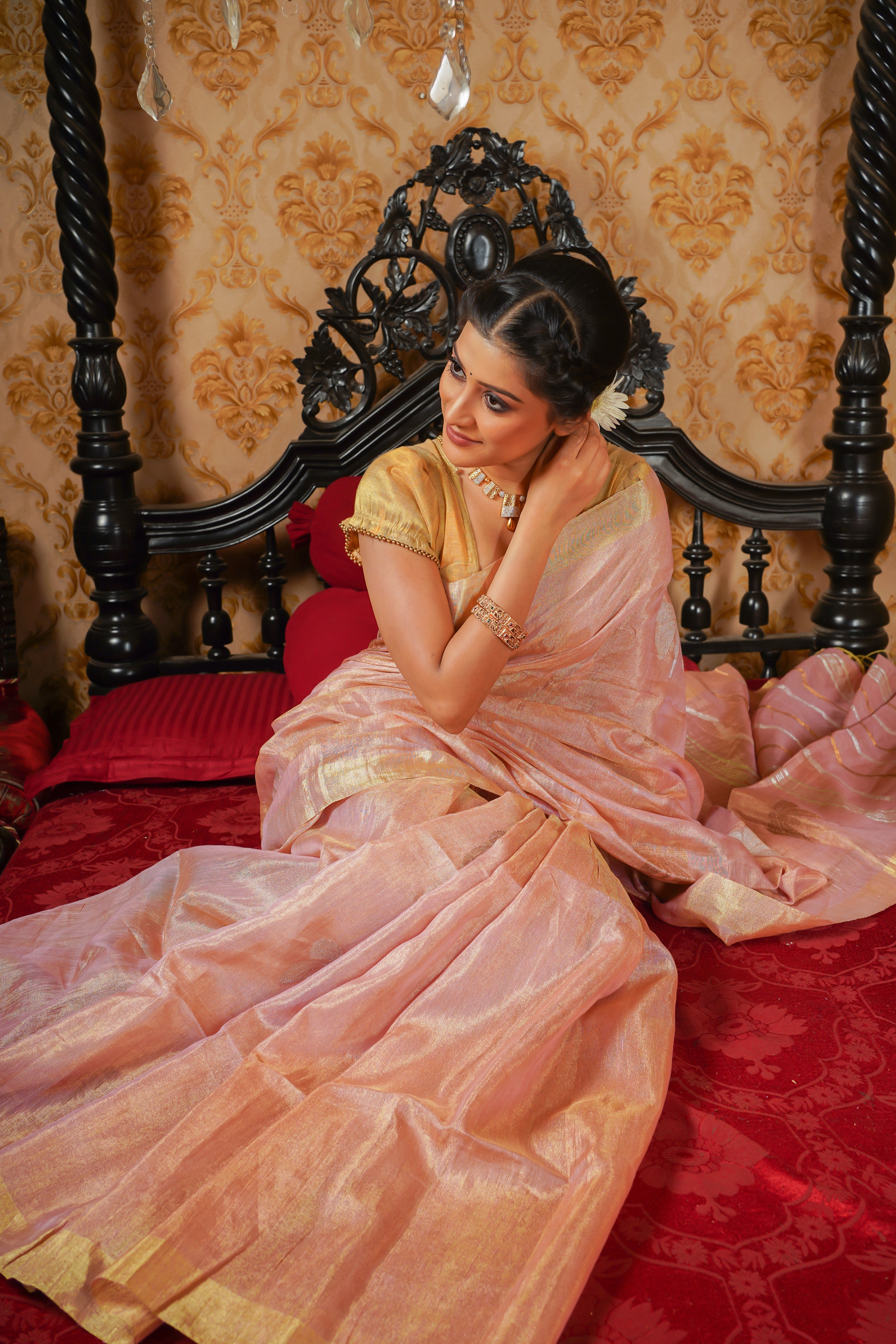 Blush Pink Pure Tissue Linen Butterfly Hand Woven Saree