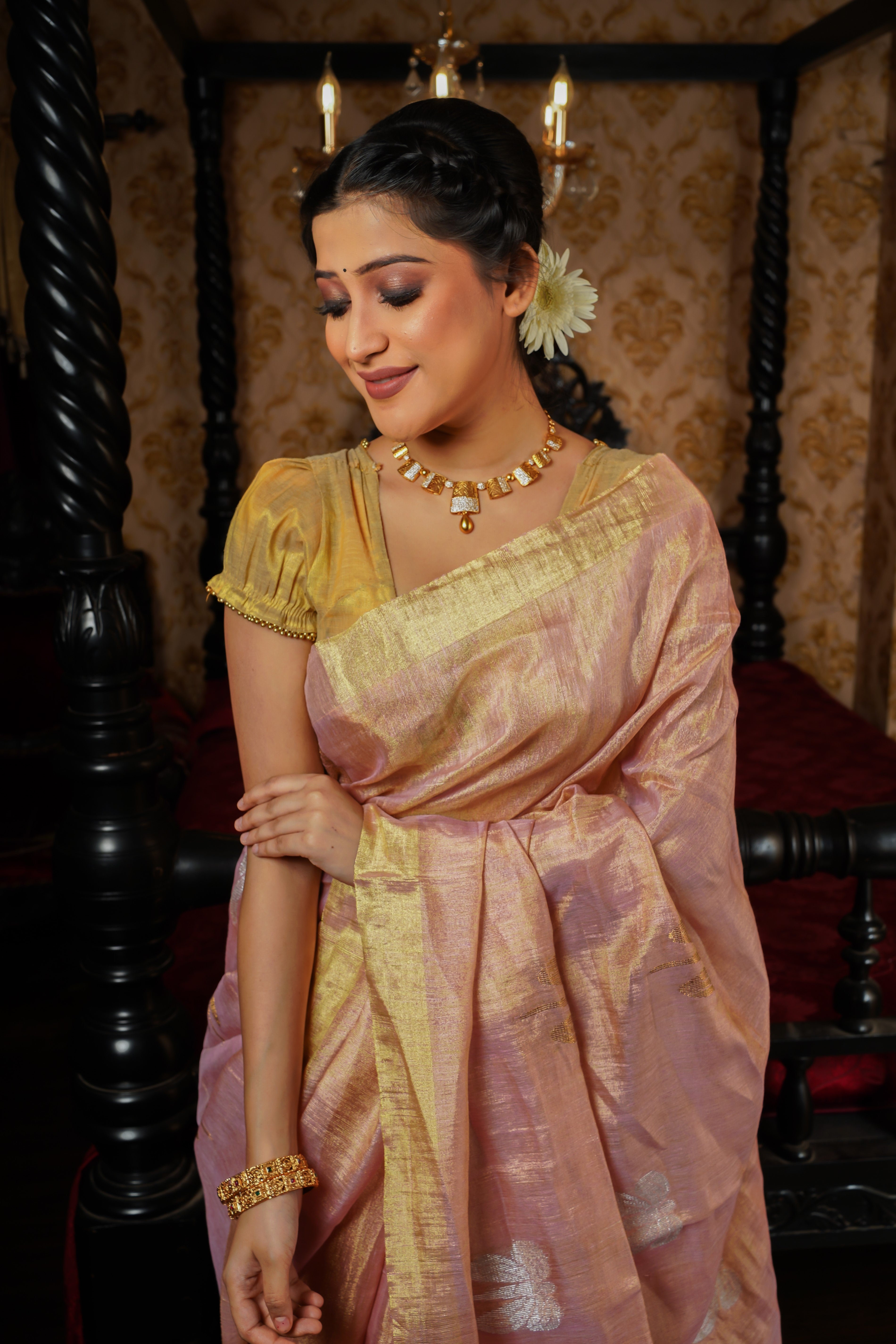 Blush Pink Pure Tissue Linen Butterfly Hand Woven Saree