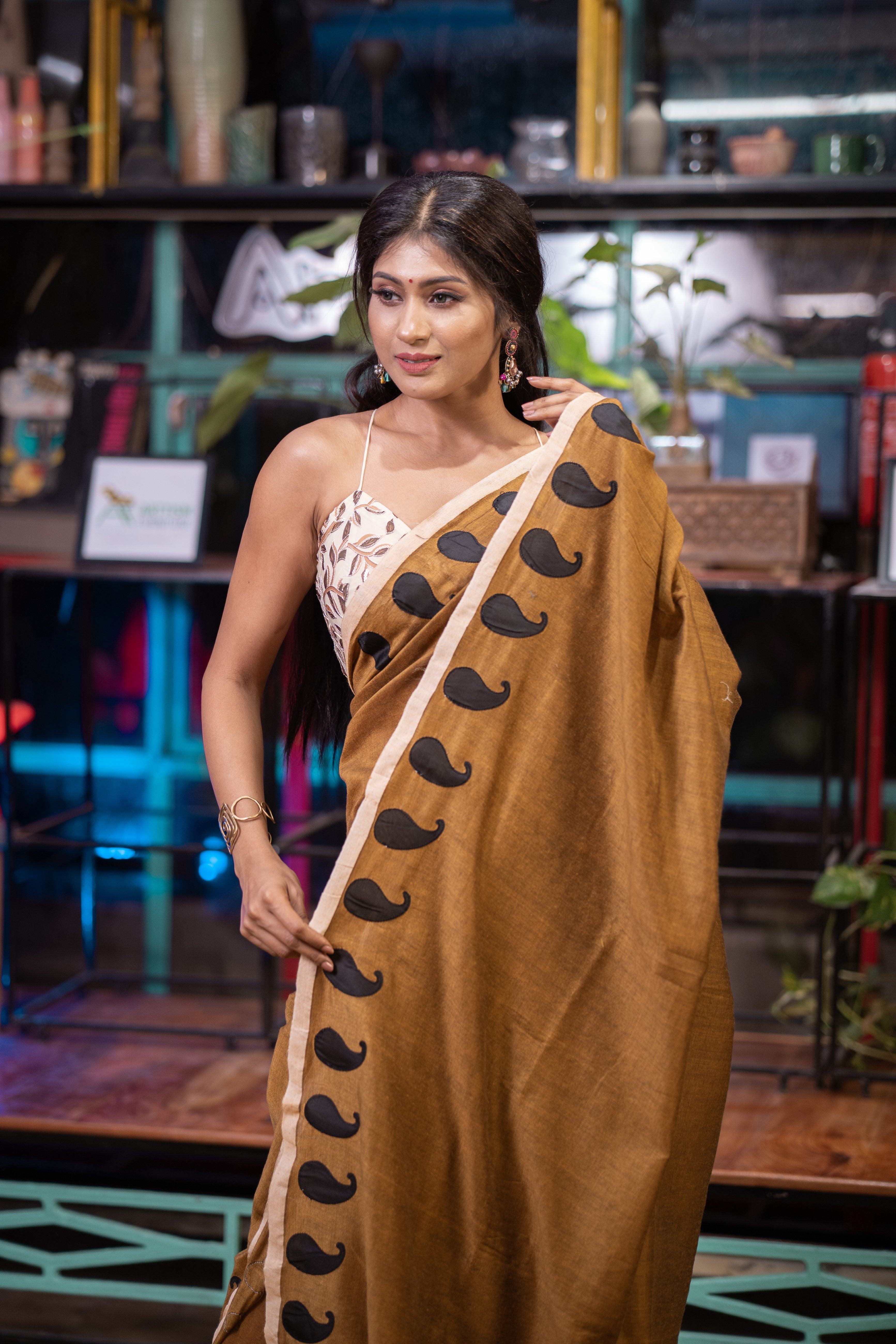 Polka Work Cotton Saree- Brown