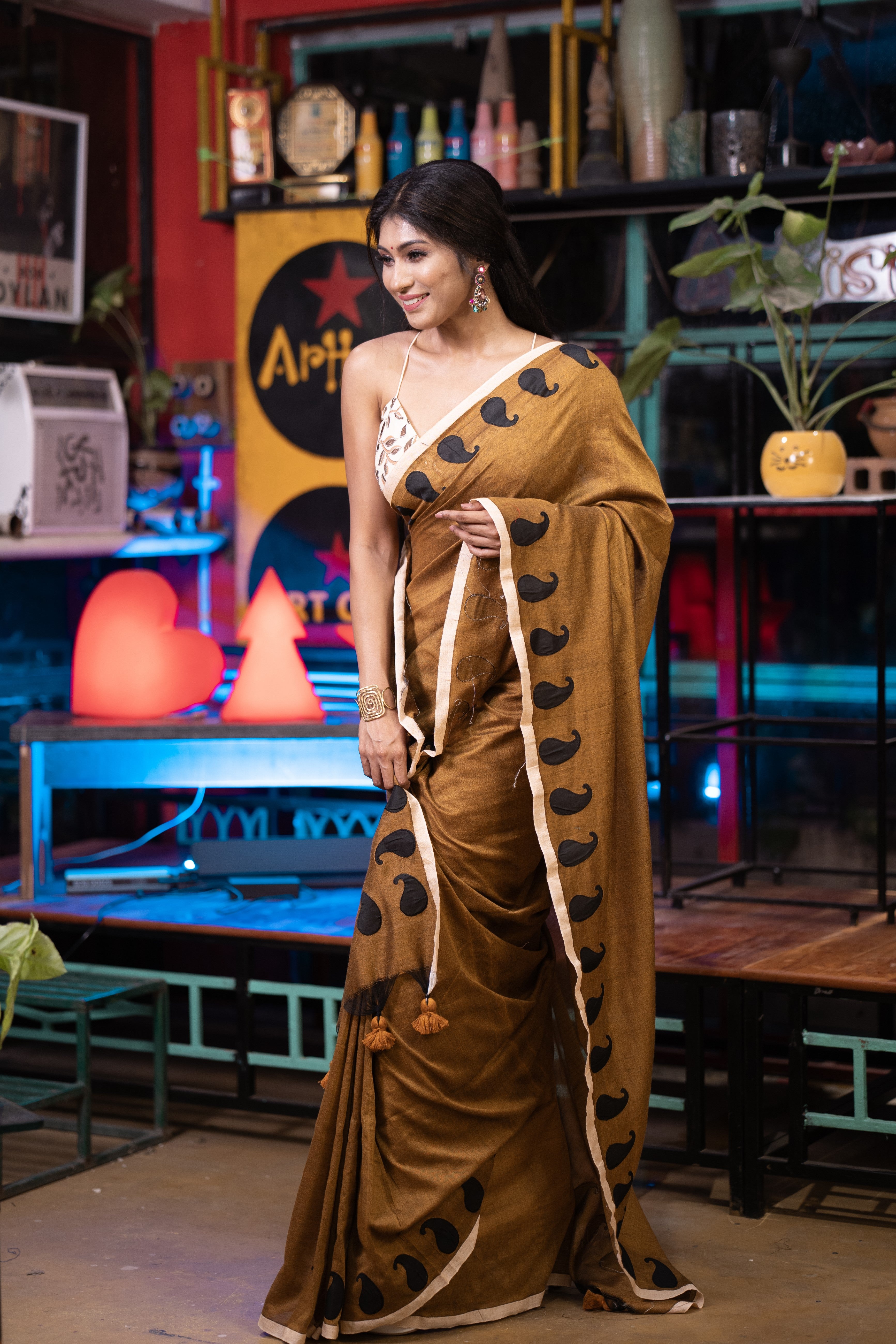 Polka Work Cotton Saree- Brown