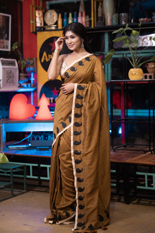 Brown  Polka applique work Cotton Saree