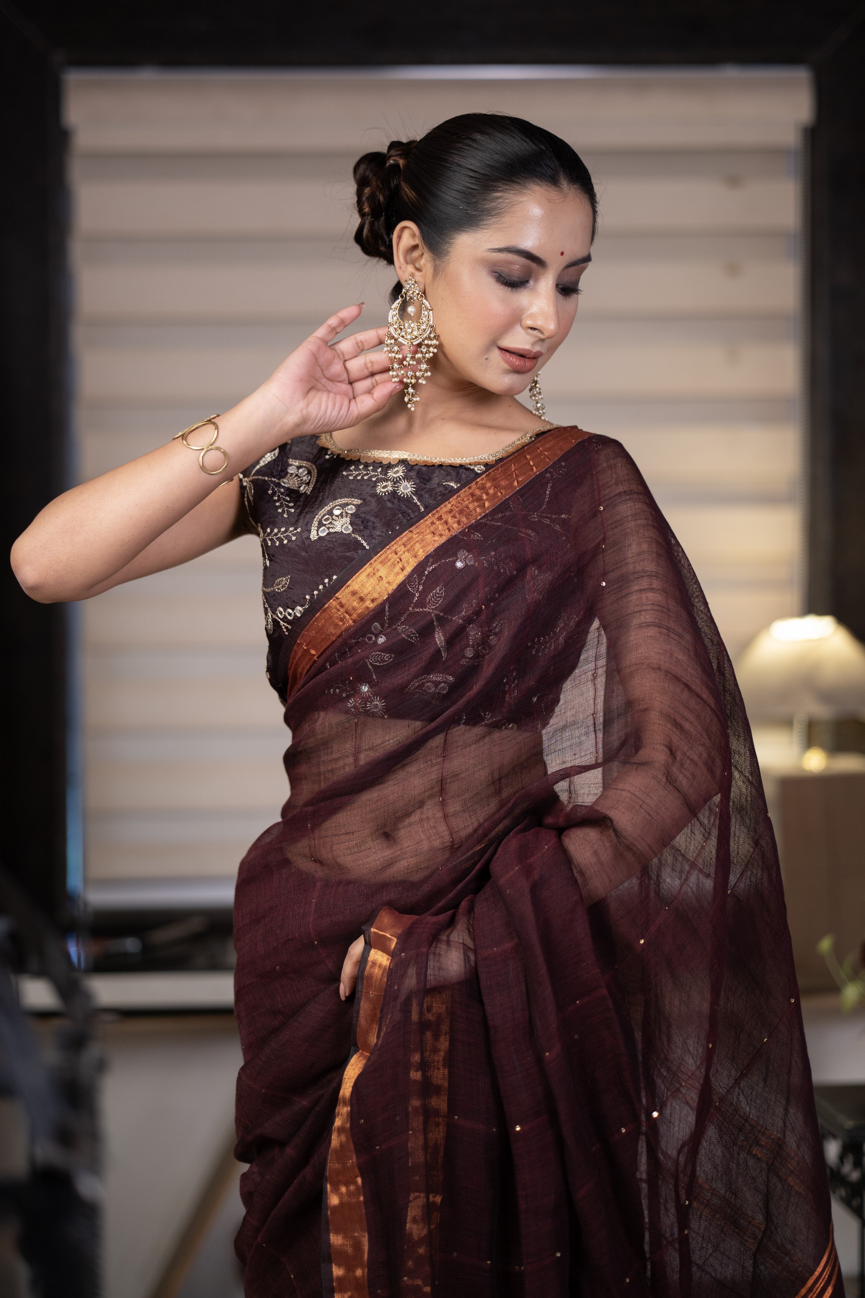 Brown Sequence Work Linen Saree with golden zari border