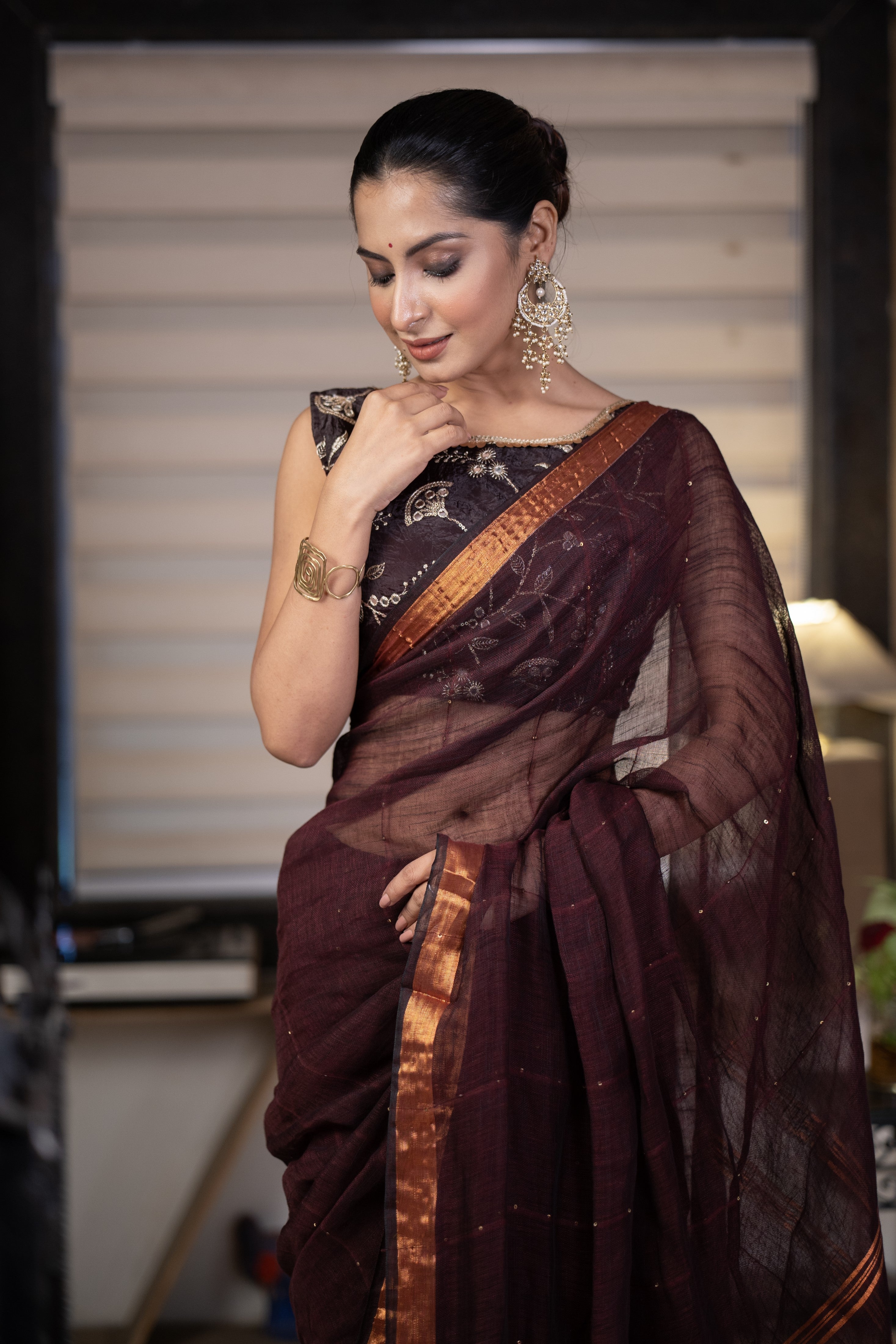 Brown Sequence Work Linen Saree with golden zari border