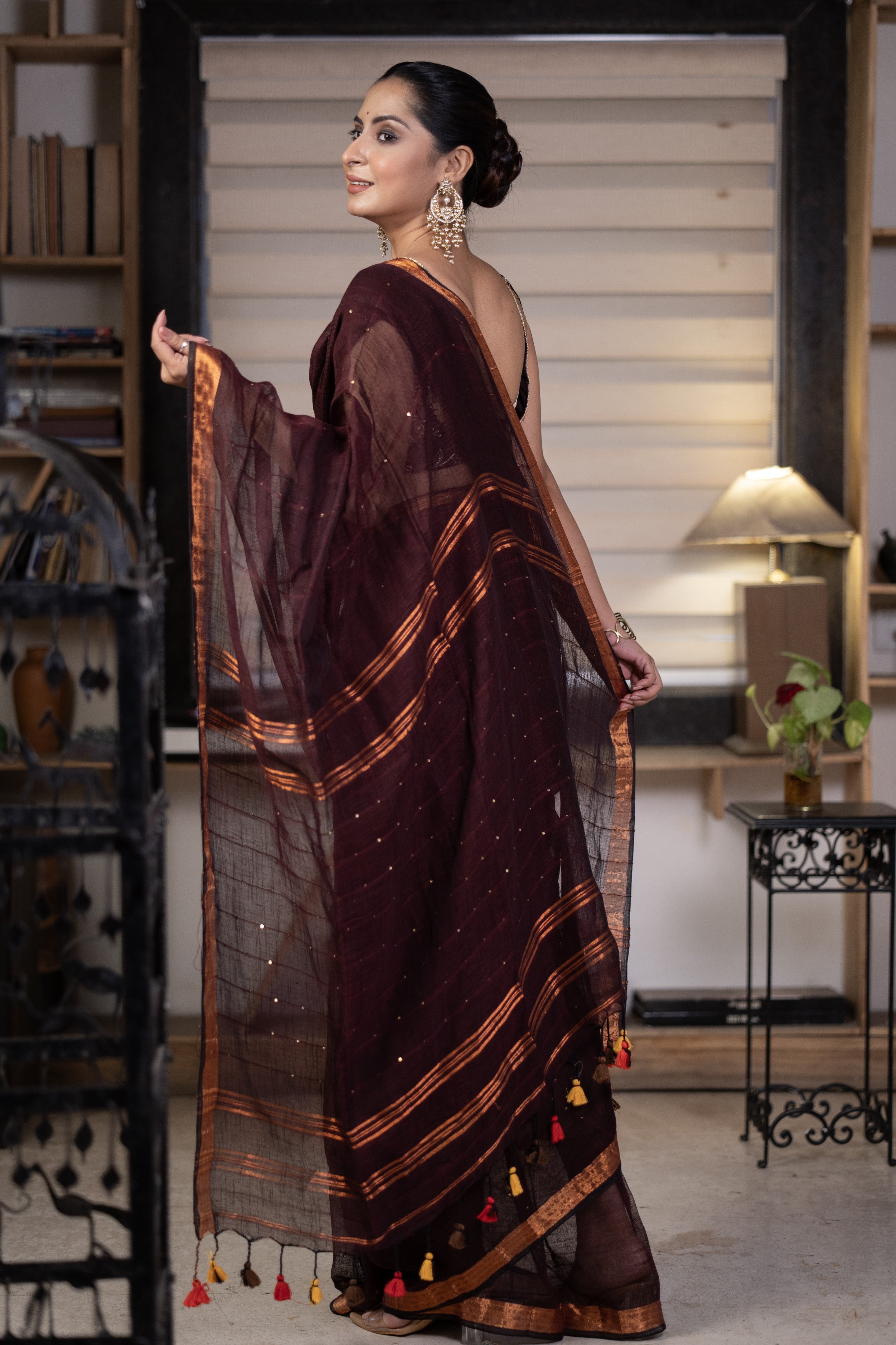 Brown Sequence Work Linen Saree with golden zari border
