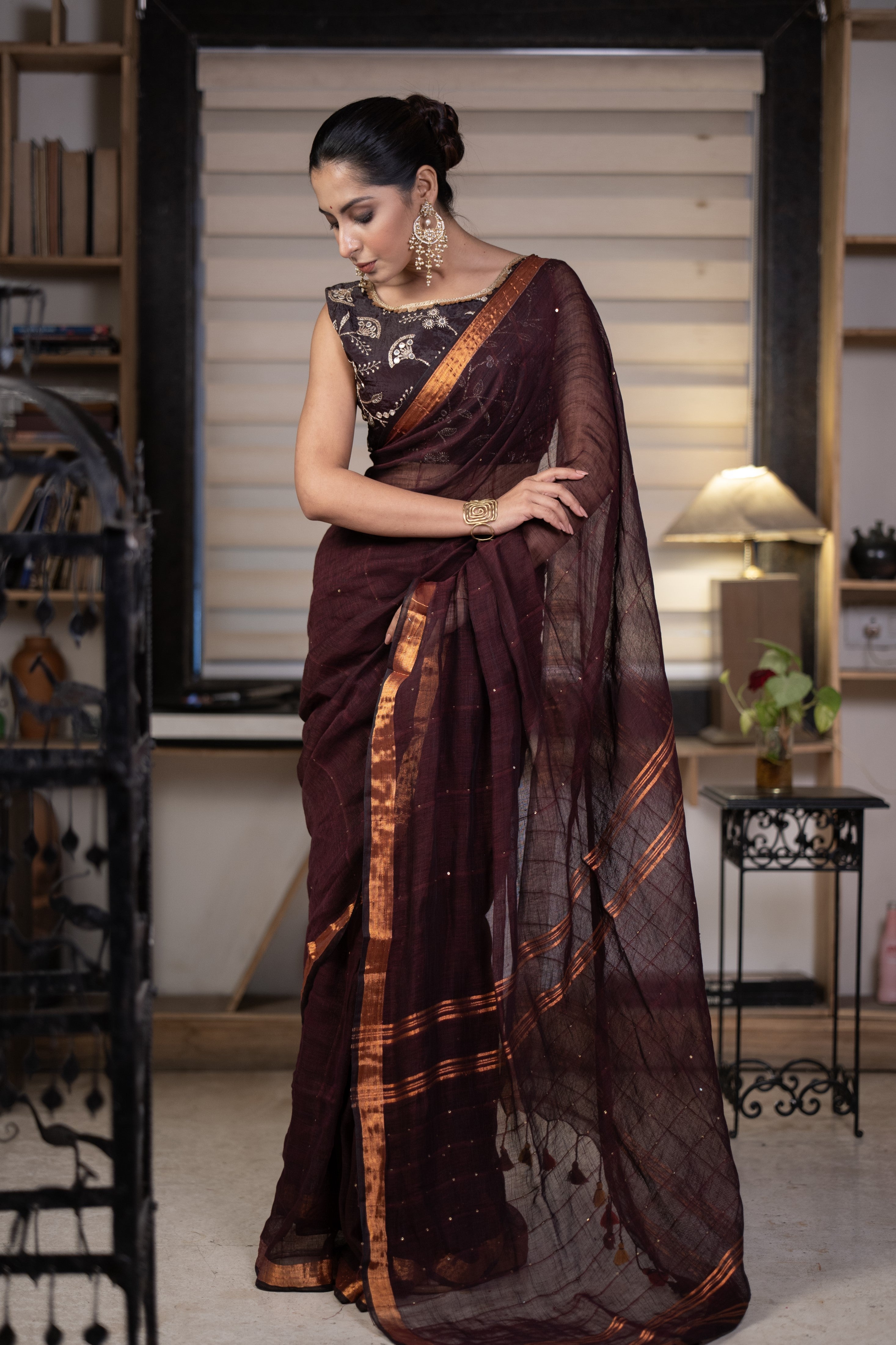 Brown Sequence Work Linen Saree with golden zari border