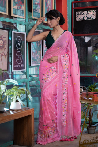 BubblePink Pure Soft Cotton Embroidery Saree