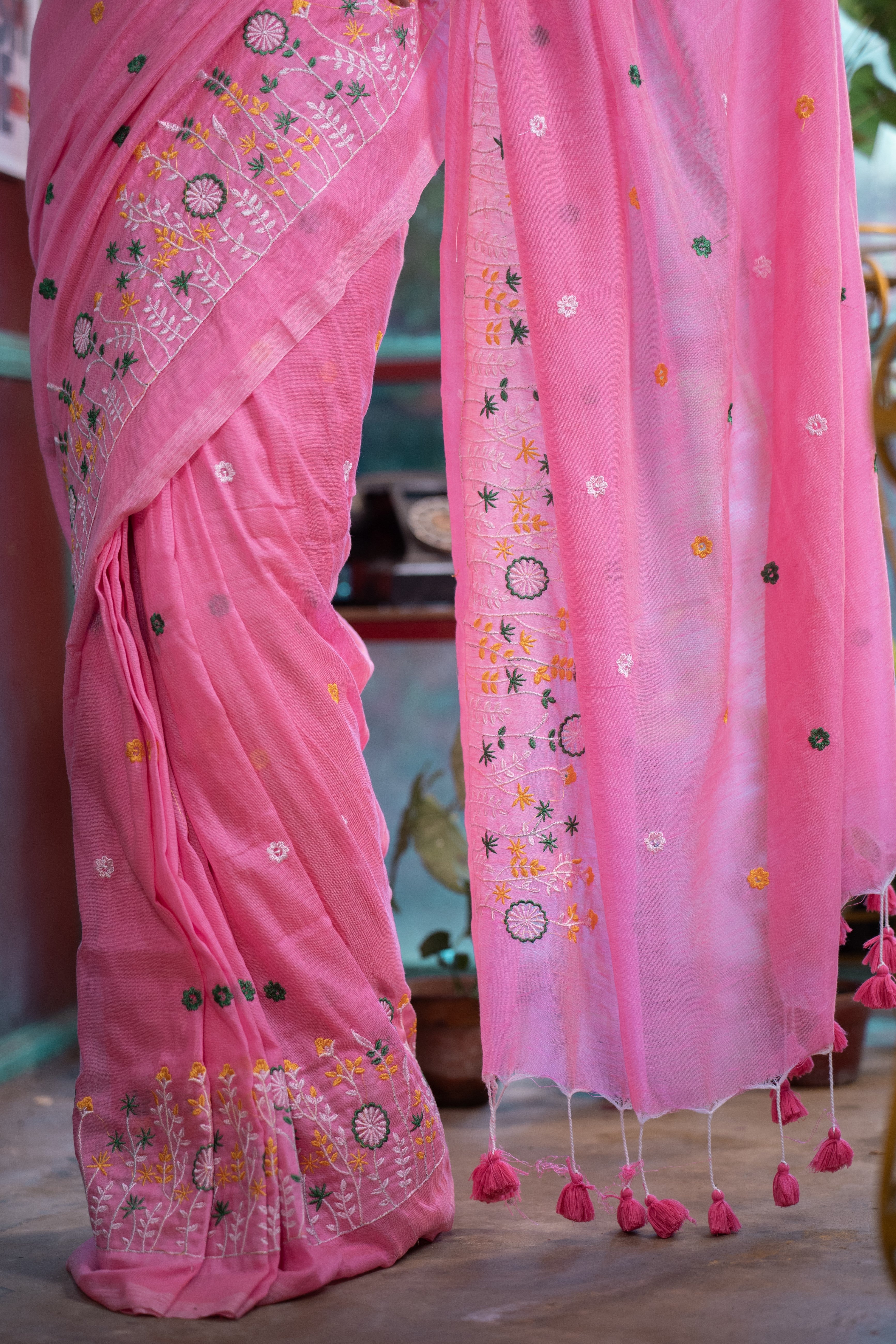Soft khadi Cotton Embroidery Saree-Bubble Pink