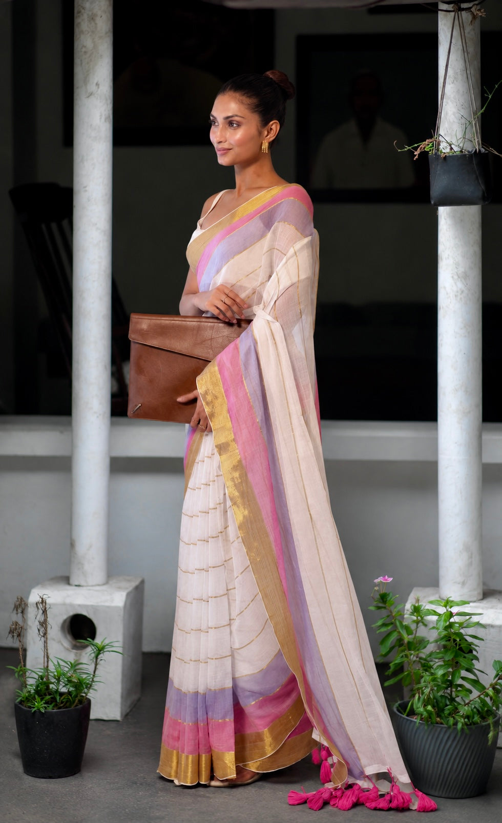 White Mulmul Cotton Saree with Golden Zari Check Border with BP