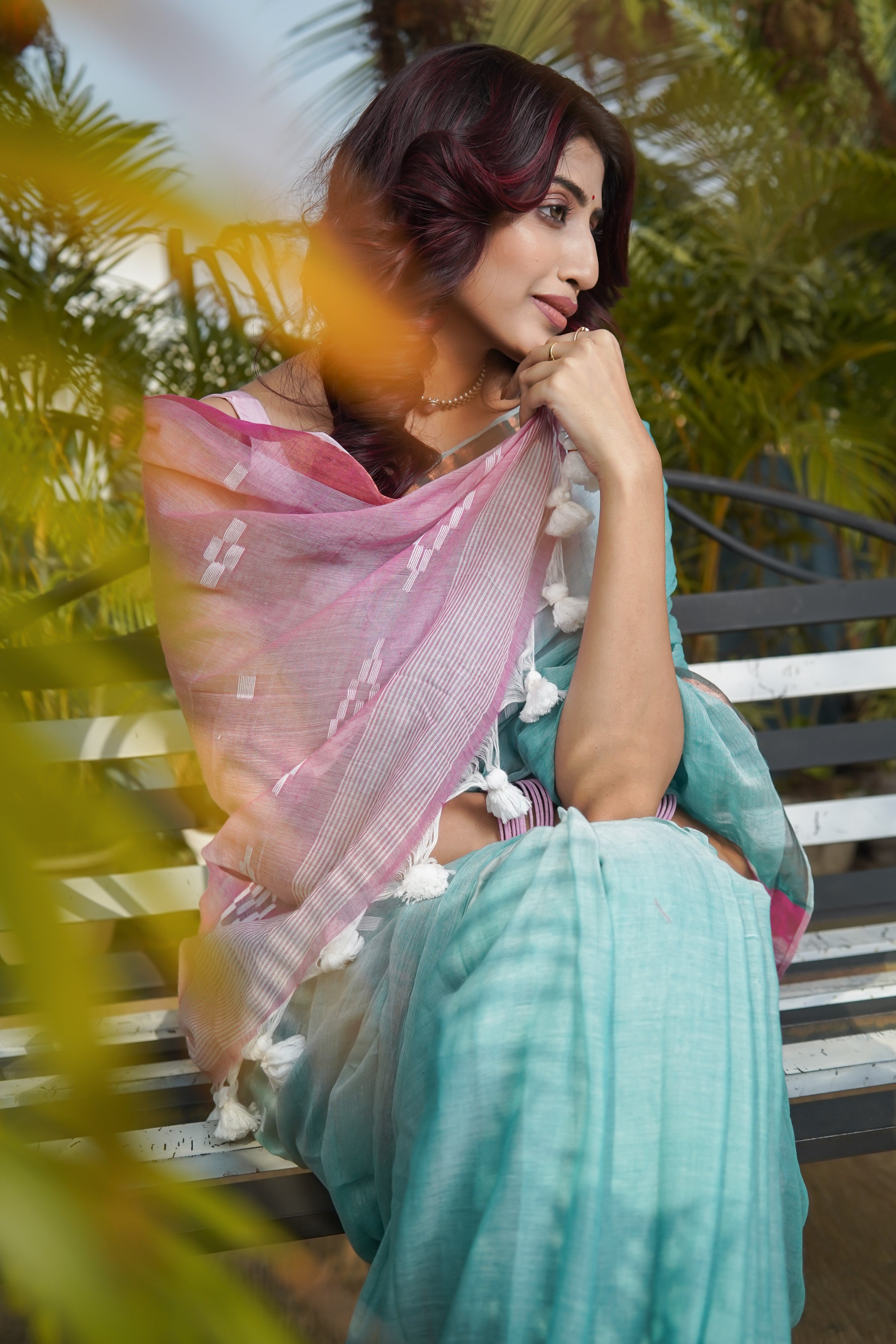 Cadet Blue Hand Weaving Mul Mul Cotton Saree with blouse piece