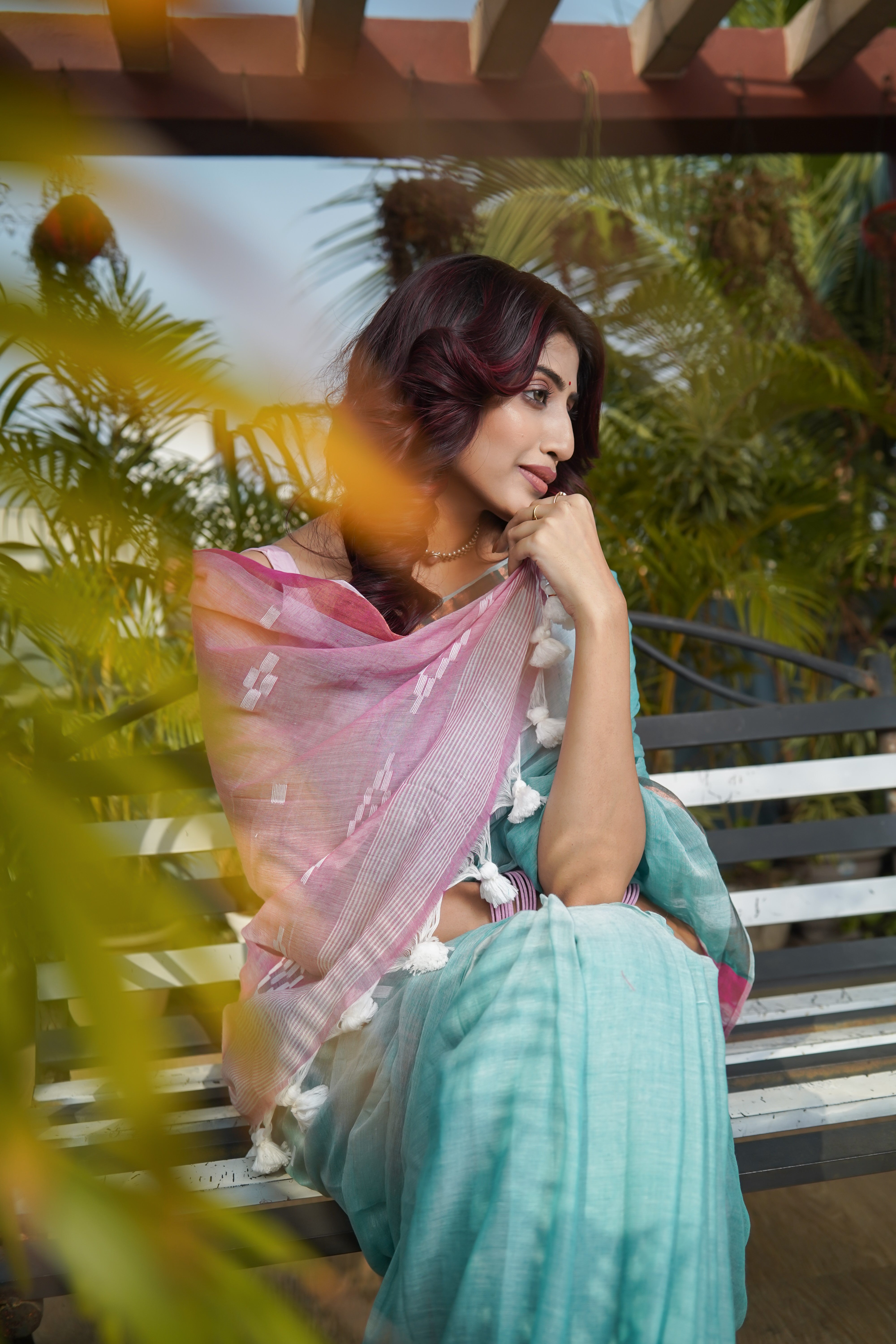 Cadet Blue Hand Weaving Mul Mul Cotton Saree