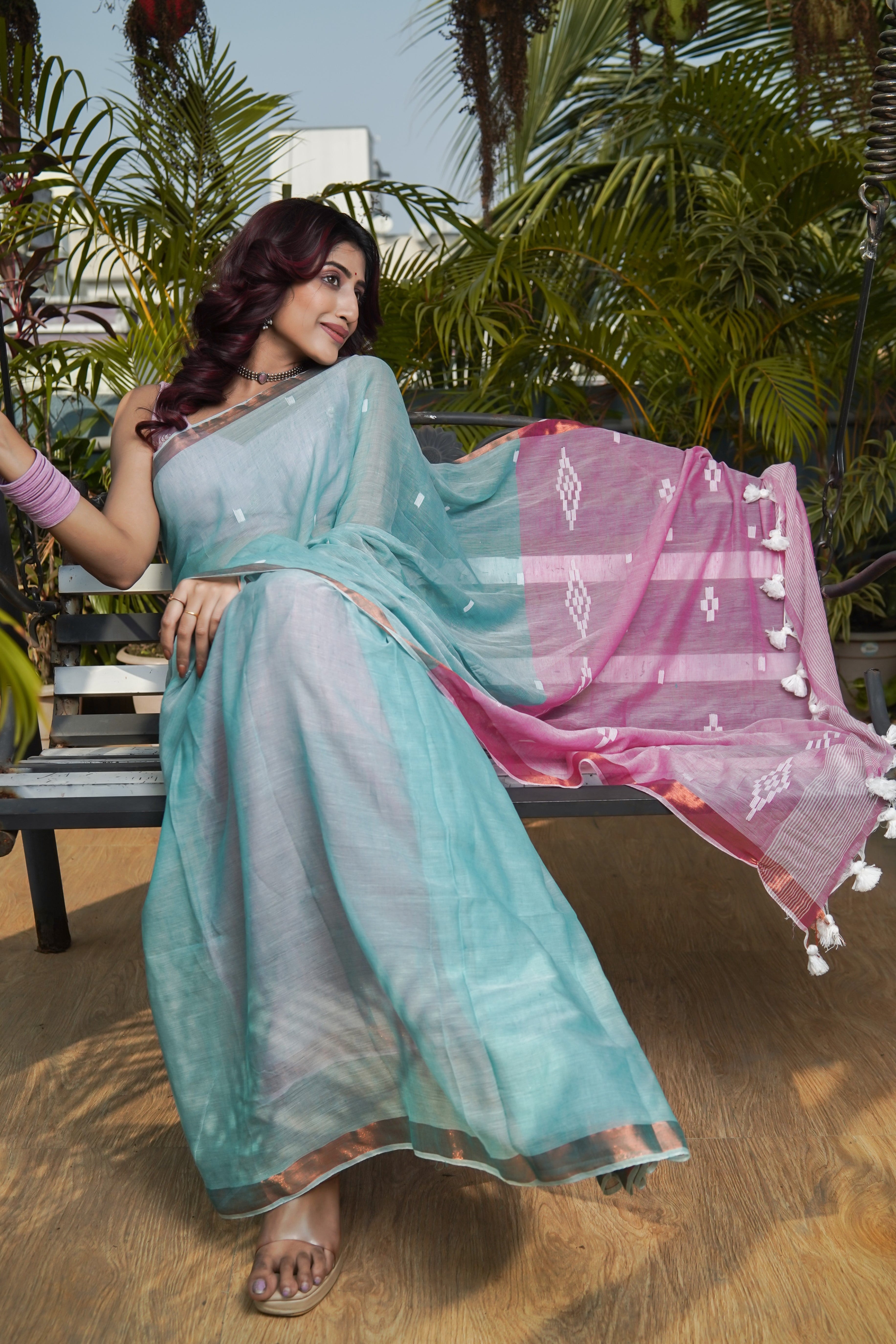 Cadet Blue Hand Weaving Mul Mul Cotton Saree with blouse piece