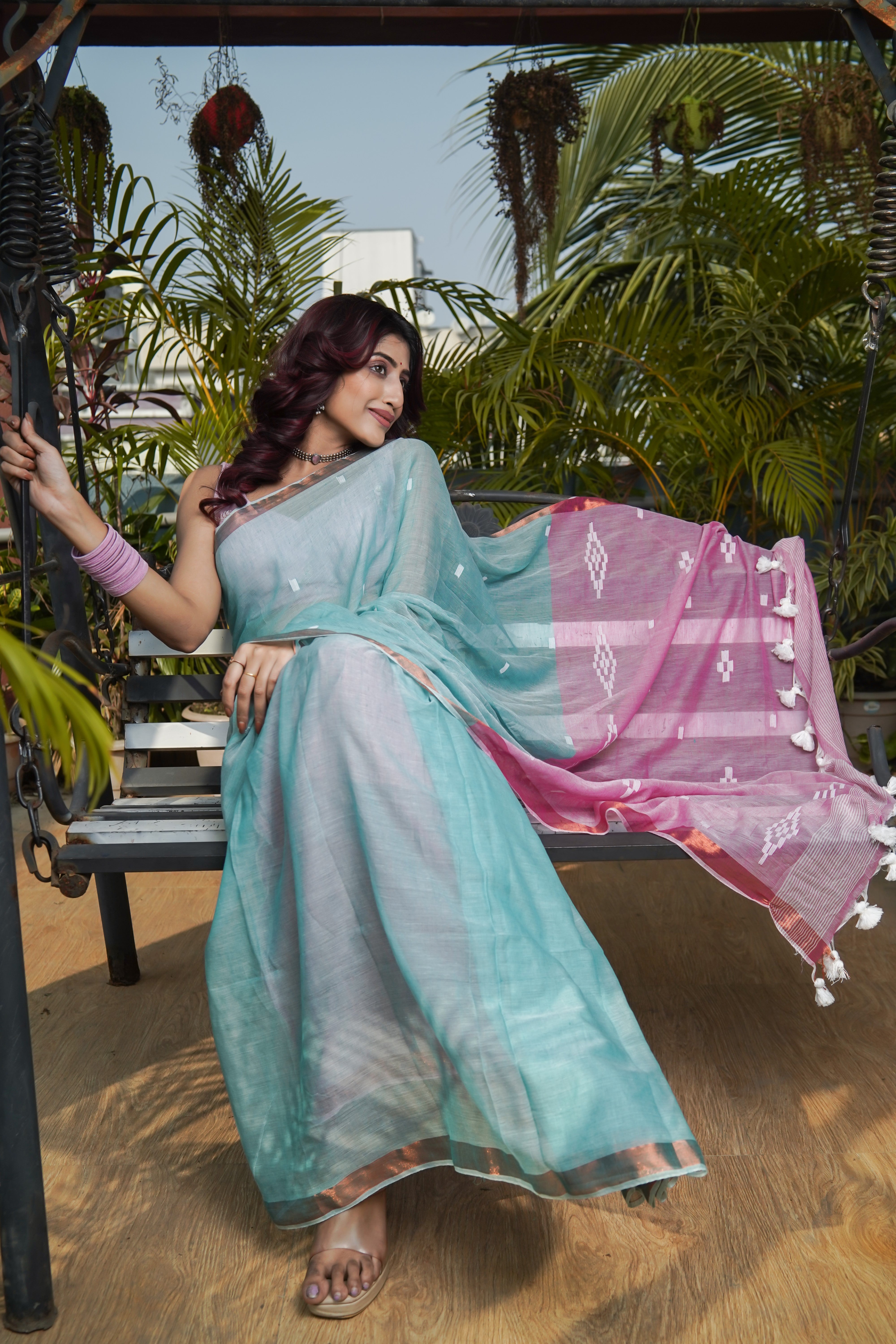 Cadet Blue Hand Weaving Mul Mul Cotton Saree