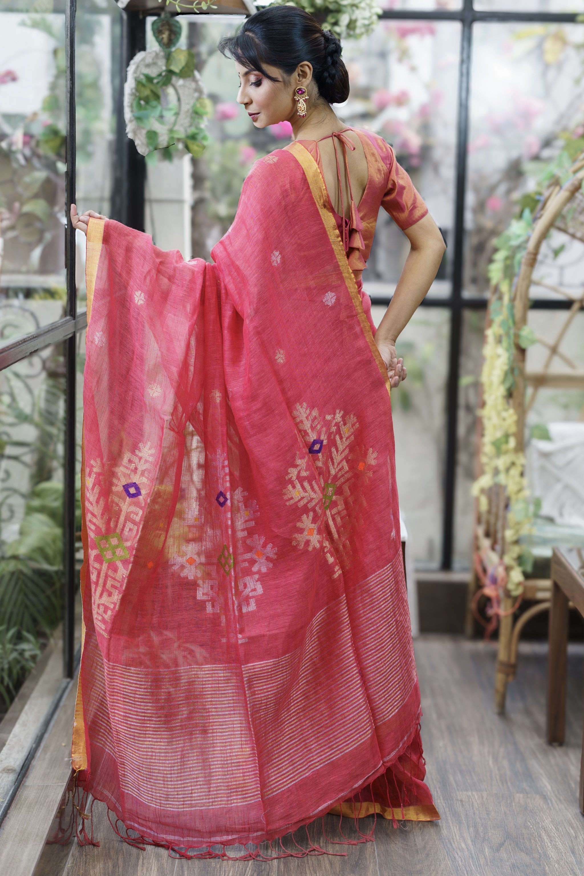 Candy Pink Sawstik Linen Hand Woven Jamdani Saree With Blouse Piece