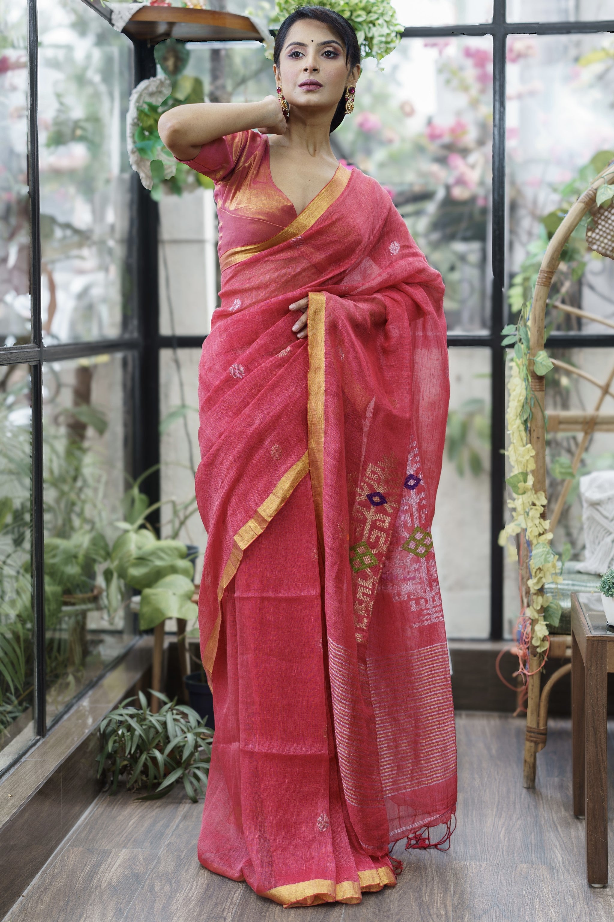 Candy Pink Sawstik Linen Hand Woven Jamdani Saree With Blouse Piece