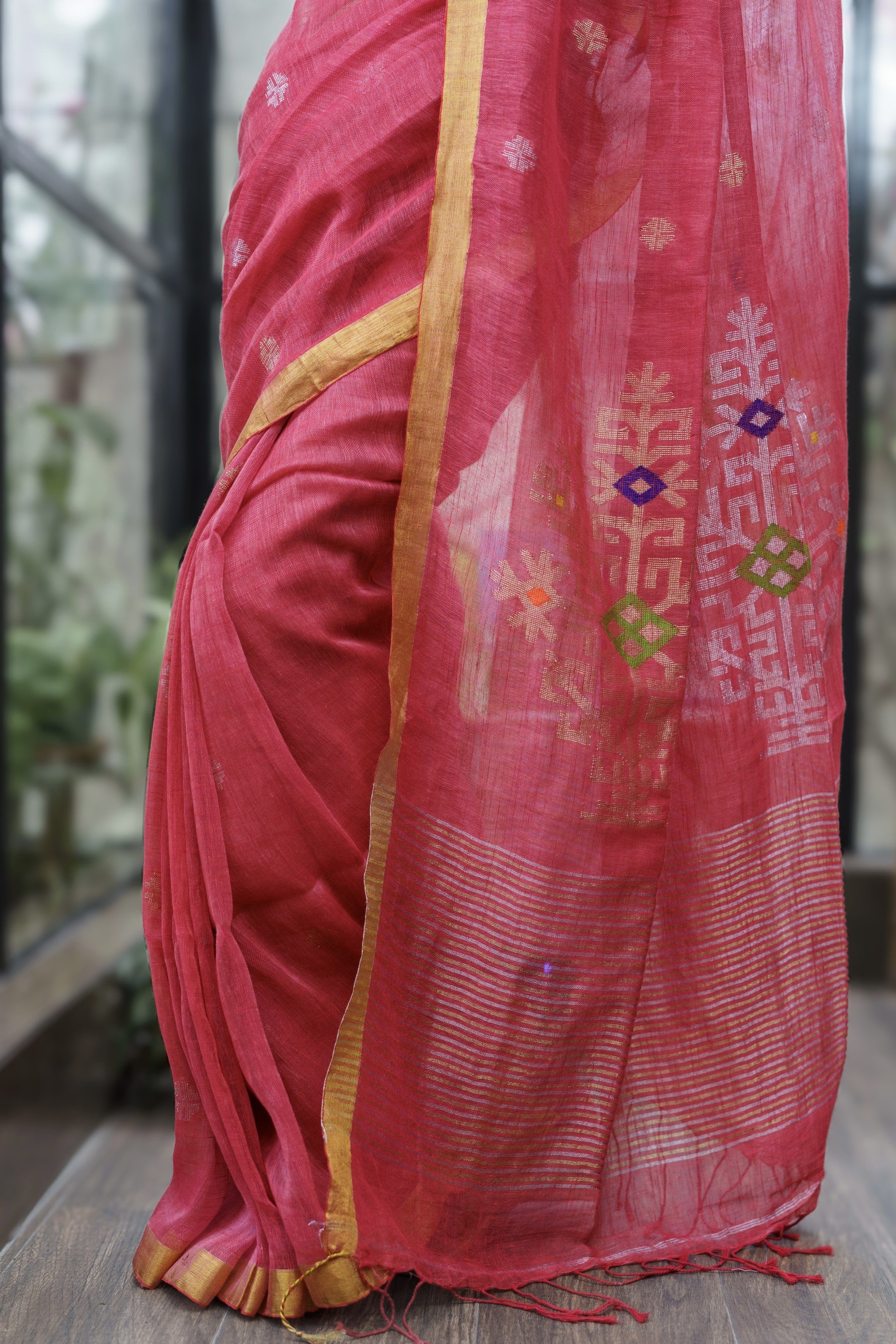 Candy Pink Sawstik Linen Hand Woven Jamdani Saree With Blouse Piece