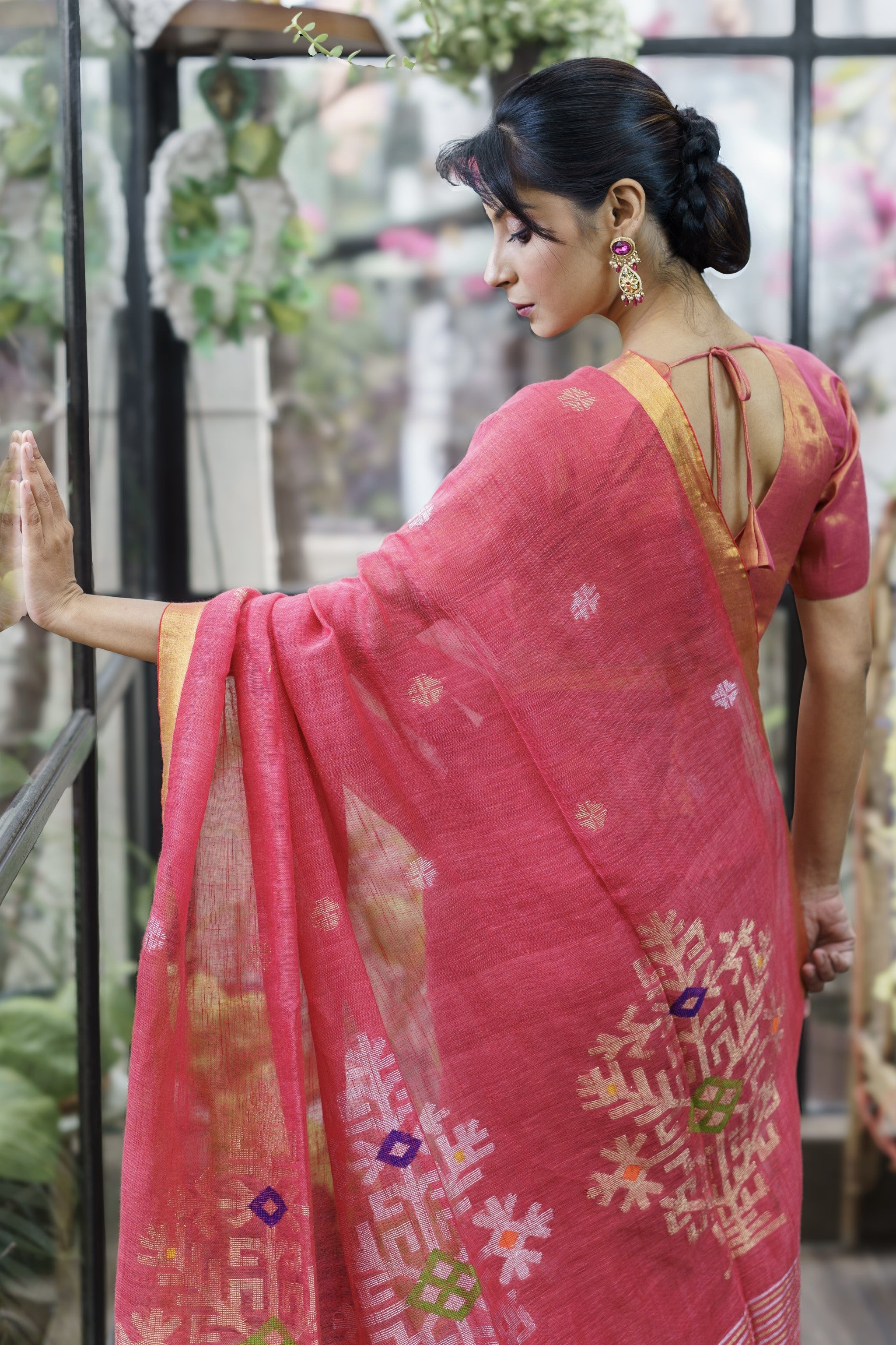 Candy Pink Sawstik Linen Hand Woven Jamdani Saree With Blouse Piece