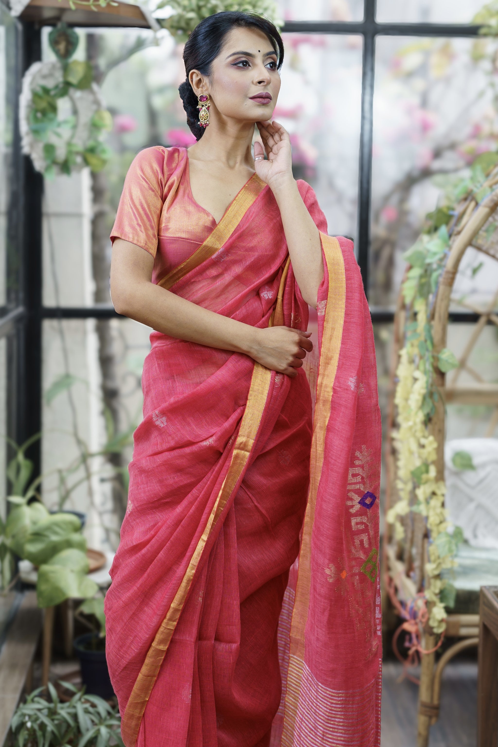 Candy Pink Sawstik Linen Hand Woven Jamdani Saree With Blouse Piece