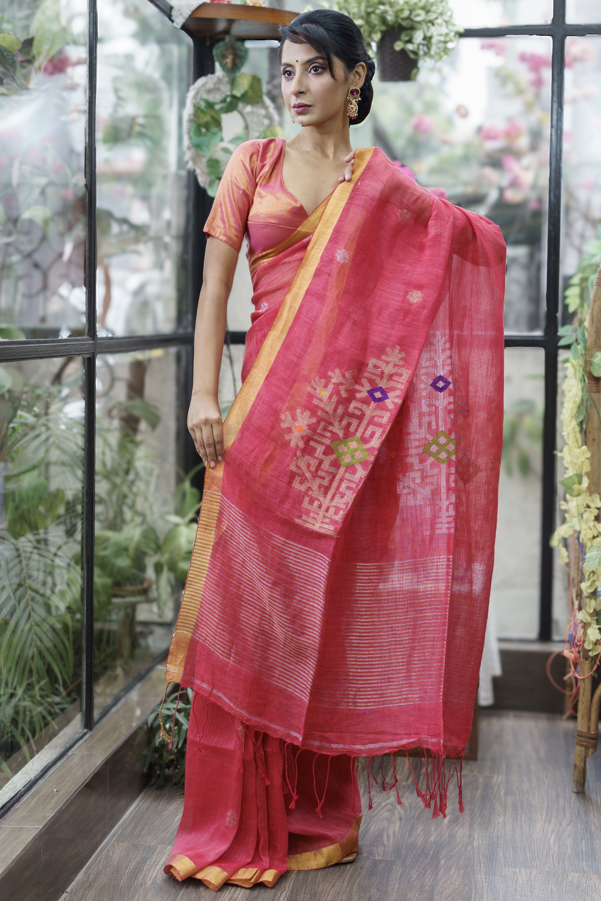 Candy Pink Sawstik Linen Hand Woven Jamdani Saree With Blouse Piece