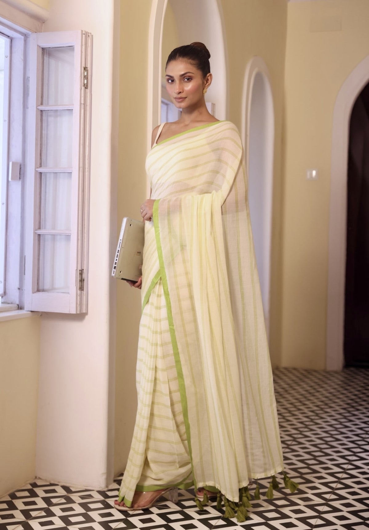 Cream Pure Mulmul Cotton Saree with Light Green Stripes