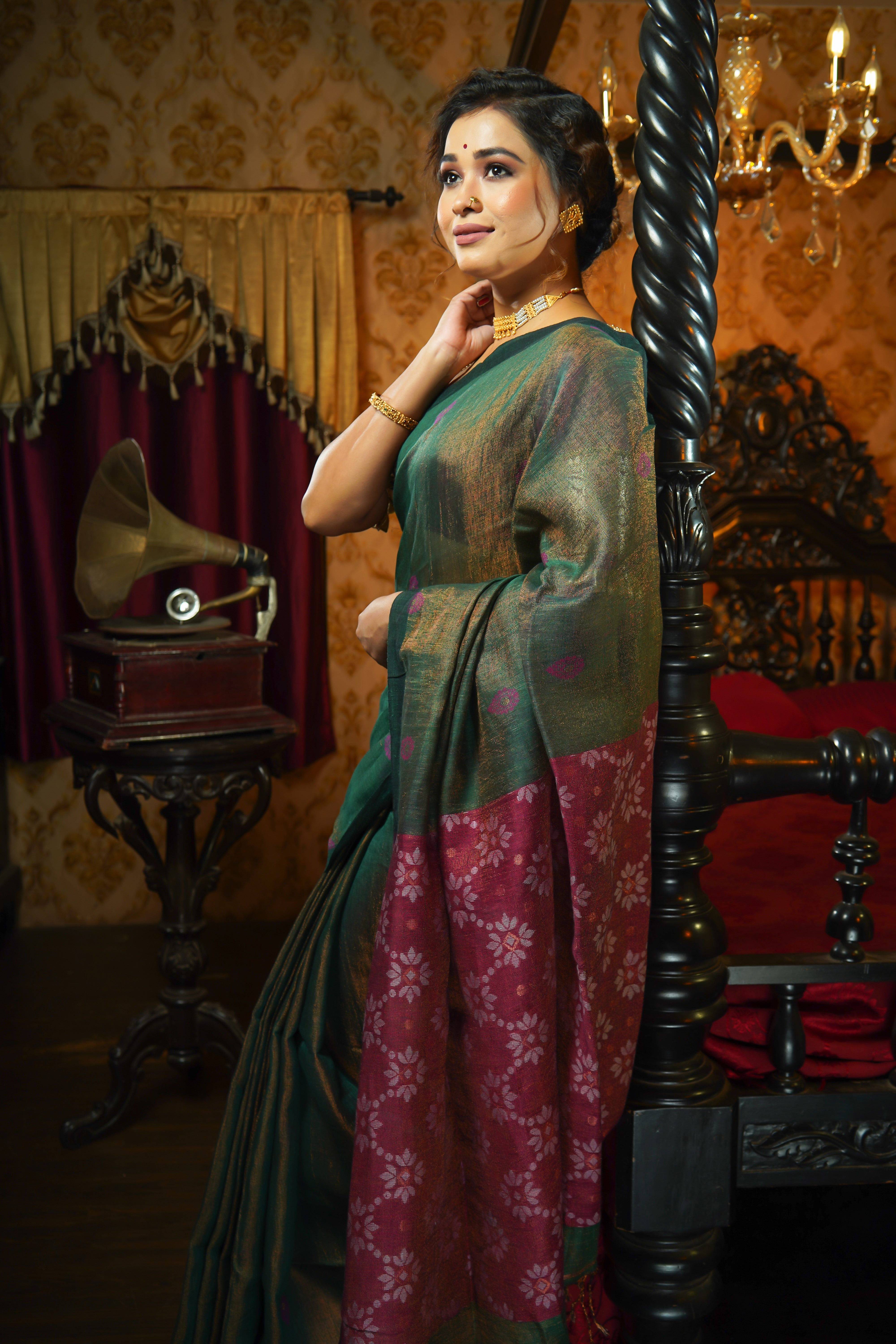 Dark Green Pure Tissue Mina Linen Handwoven Jamdani Saree