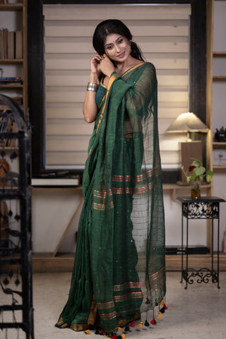 Dark green Sequence Work Linen Saree with blouse piece
