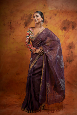 Dark Purple floral Tissue Linen Hand woven Saree with blouse piece