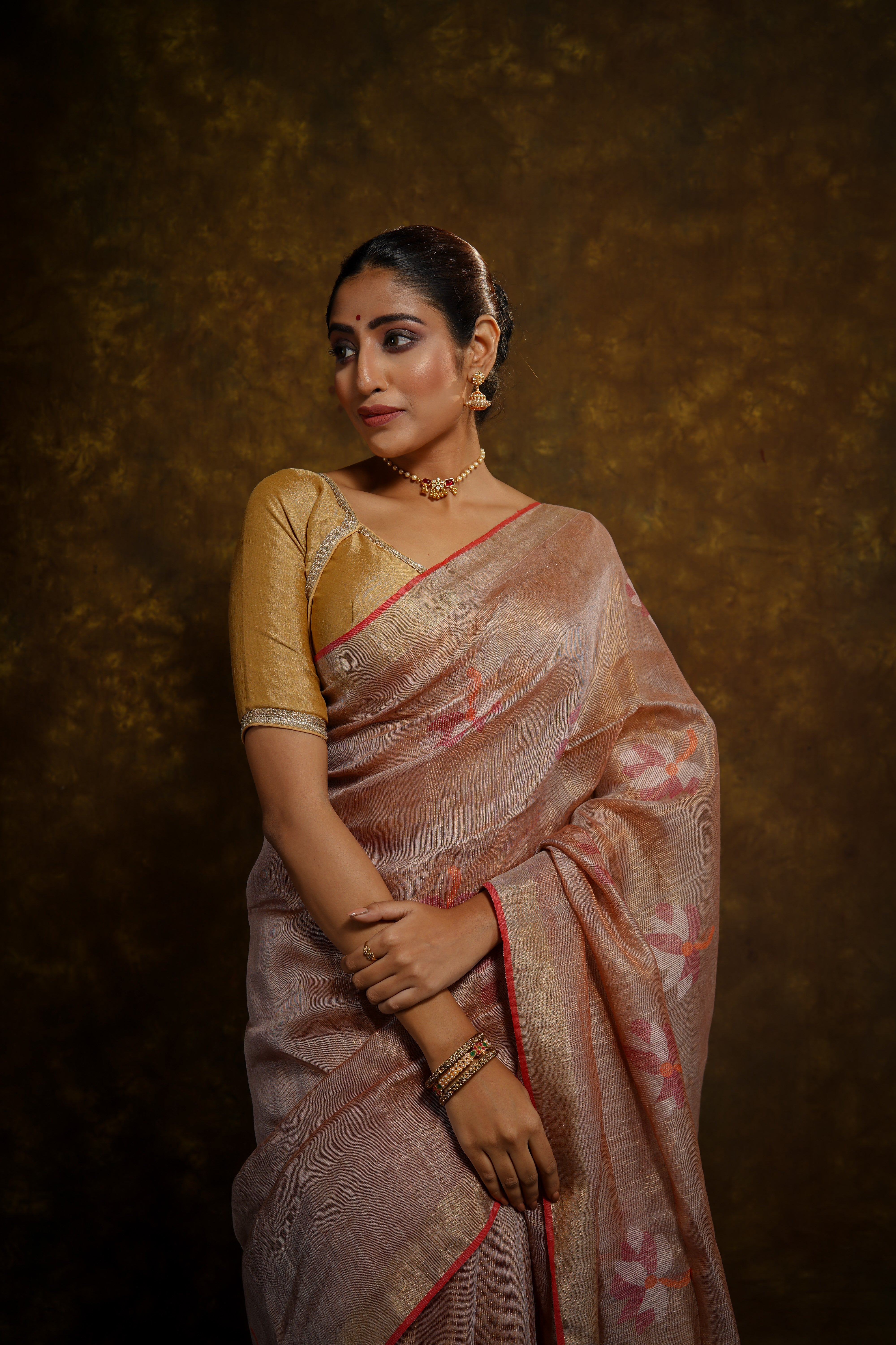 Dusty Rose dual tone floral tissue linen handwoven saree with blouse piece