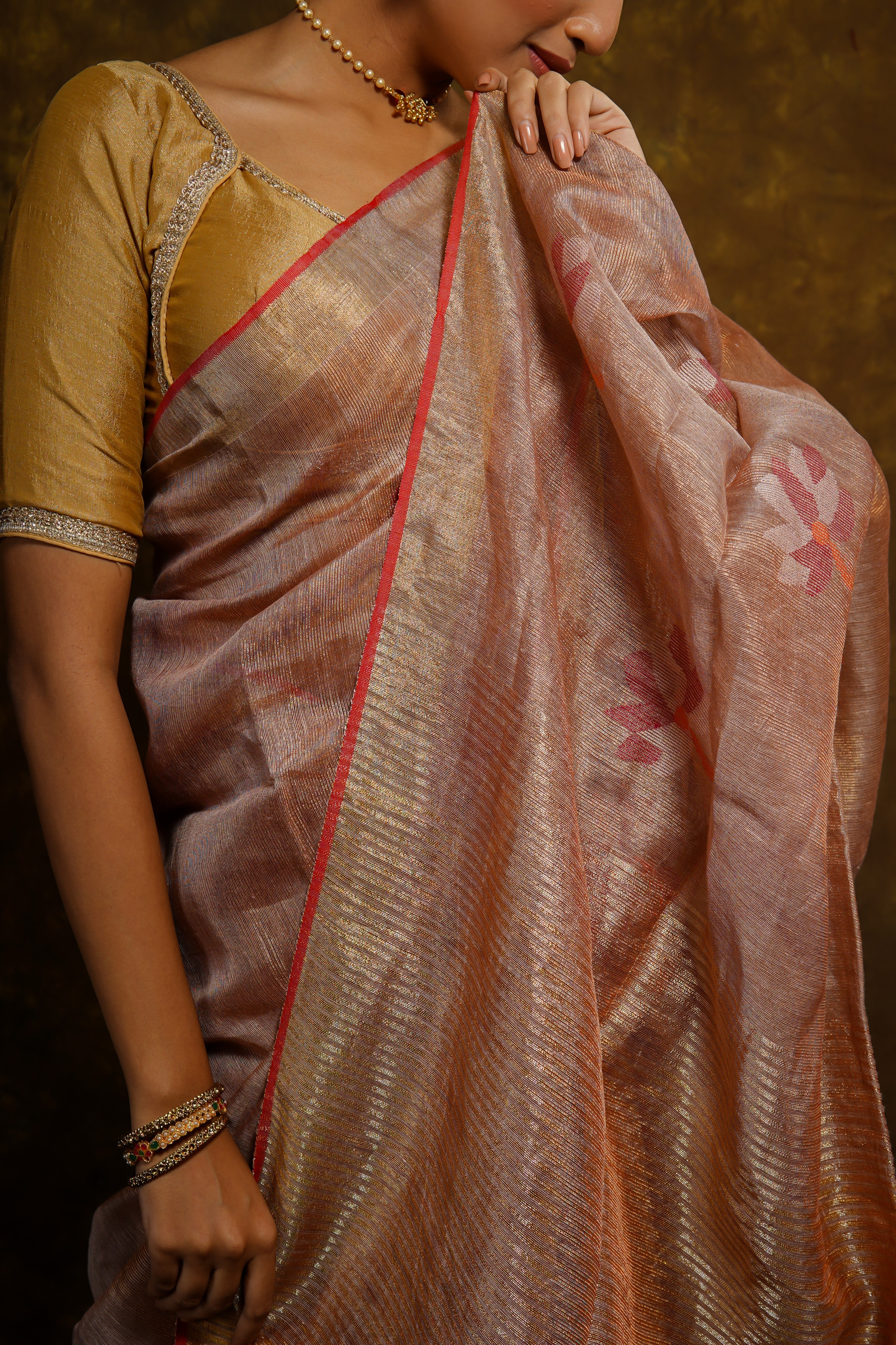 Dusty Rose dual tone floral tissue linen handwoven saree with blouse piece