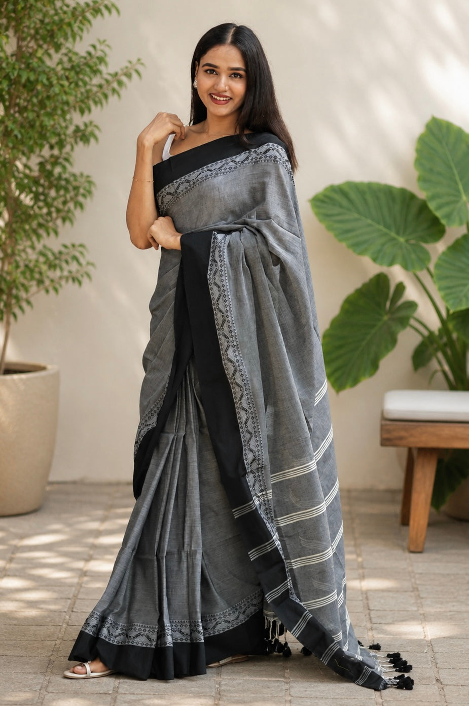 Grey Mulmul Cotton Saree with Hand Weaving Border & Blouse Piece