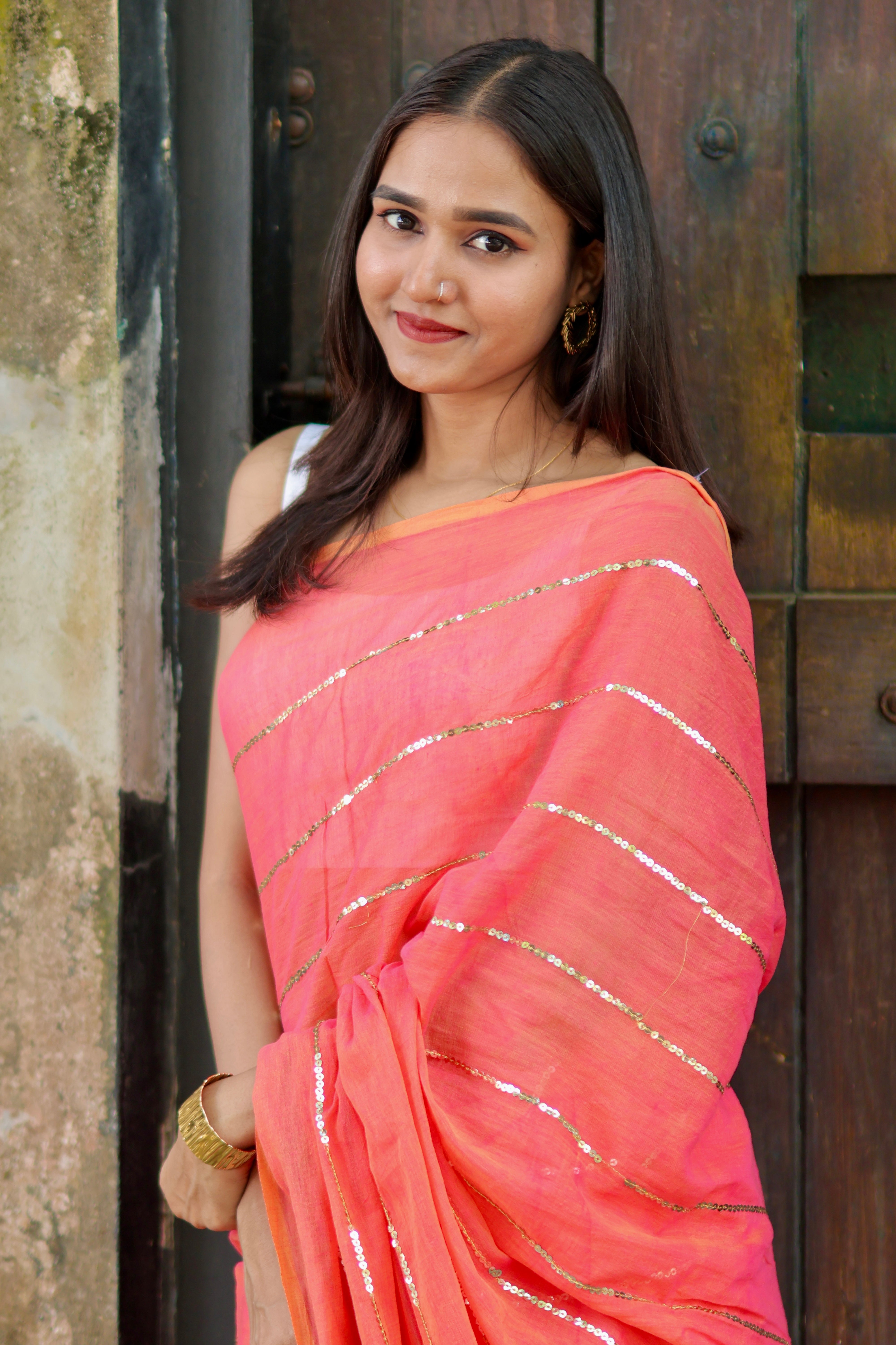 Classic rust sequins work Mul Mul Cotton Saree