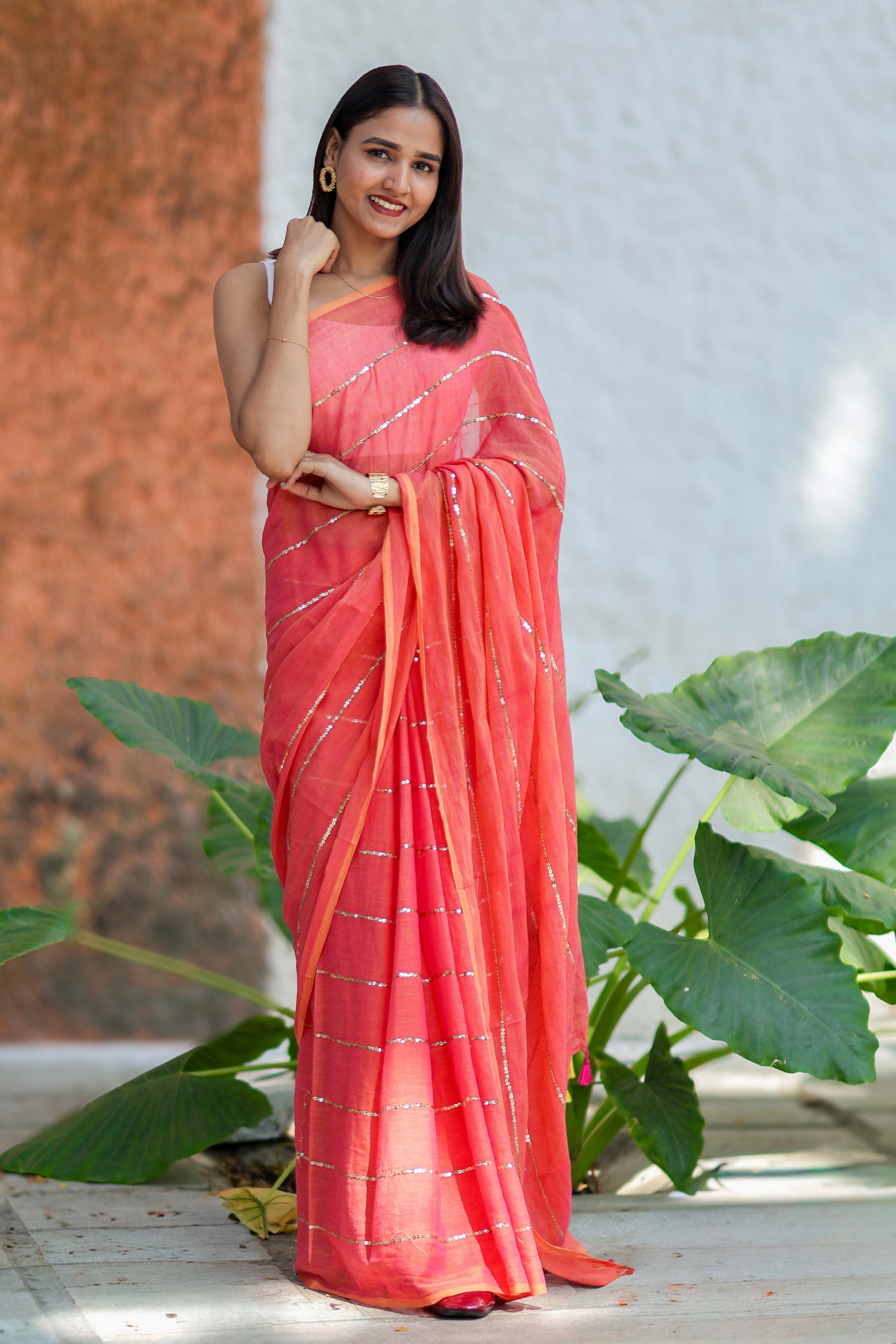 Classic rust sequins work Mul Mul Cotton Saree