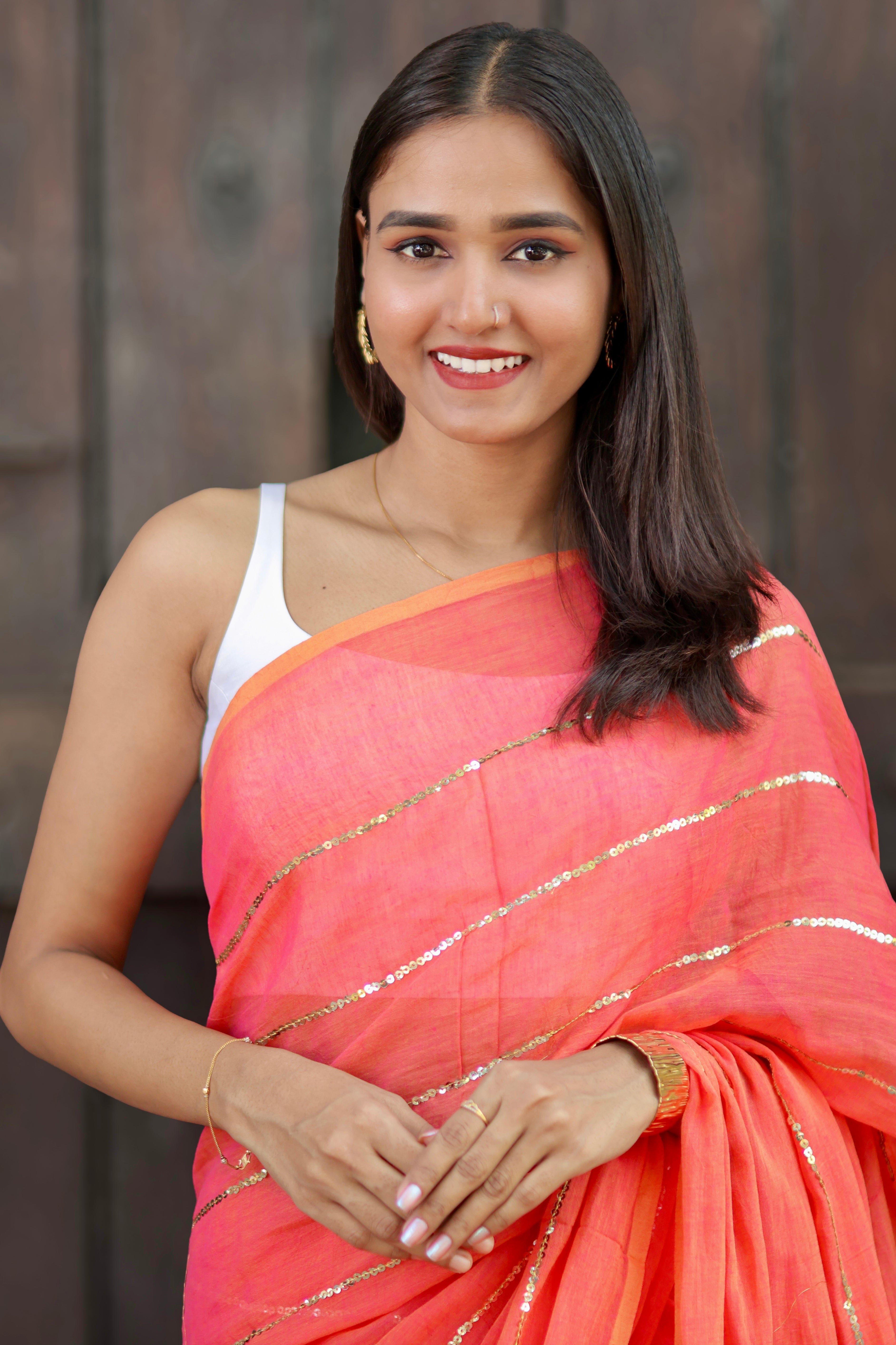 Classic rust sequins work Mul Mul Cotton Saree