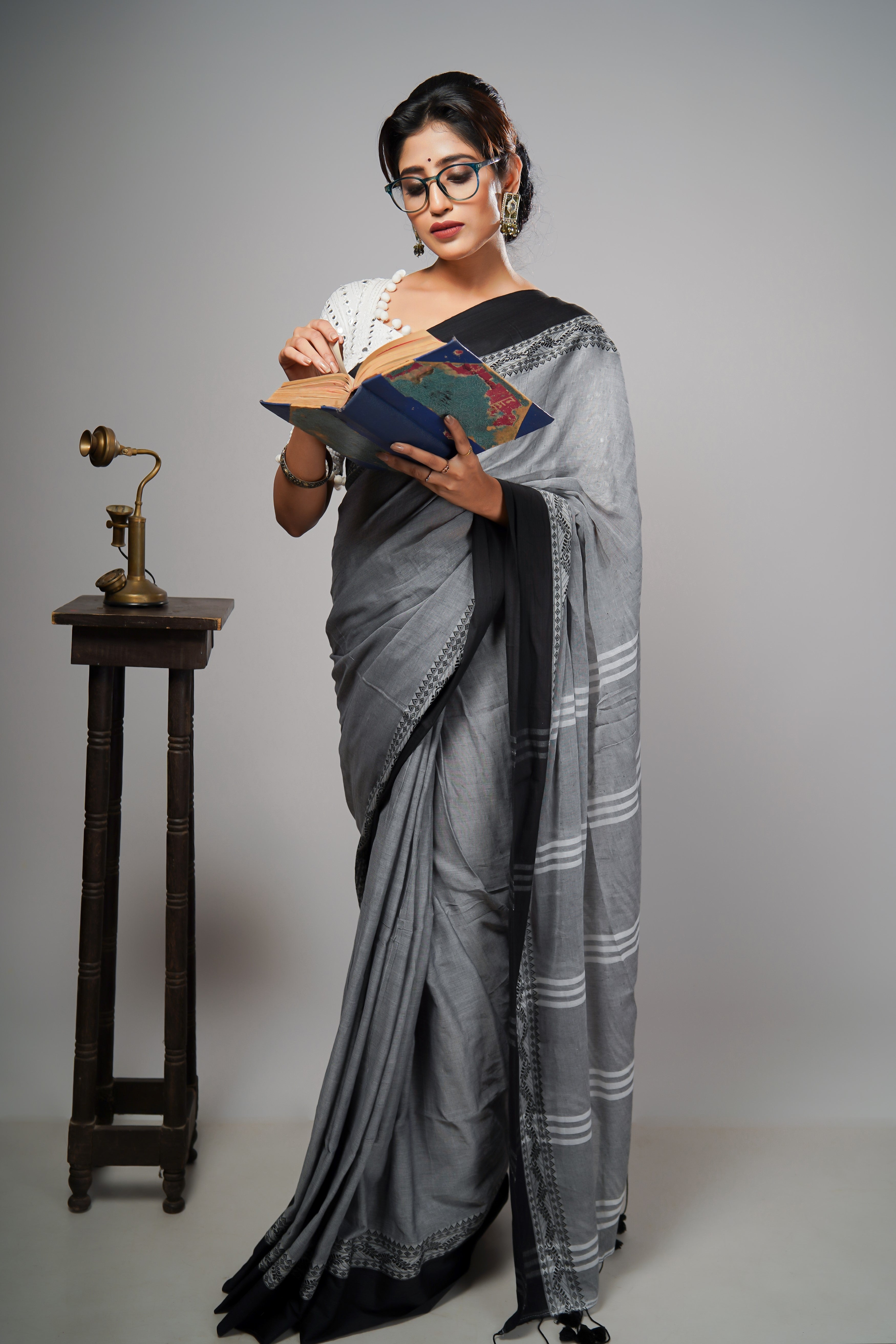 Grey & Black Mul Mul Cotton Saree