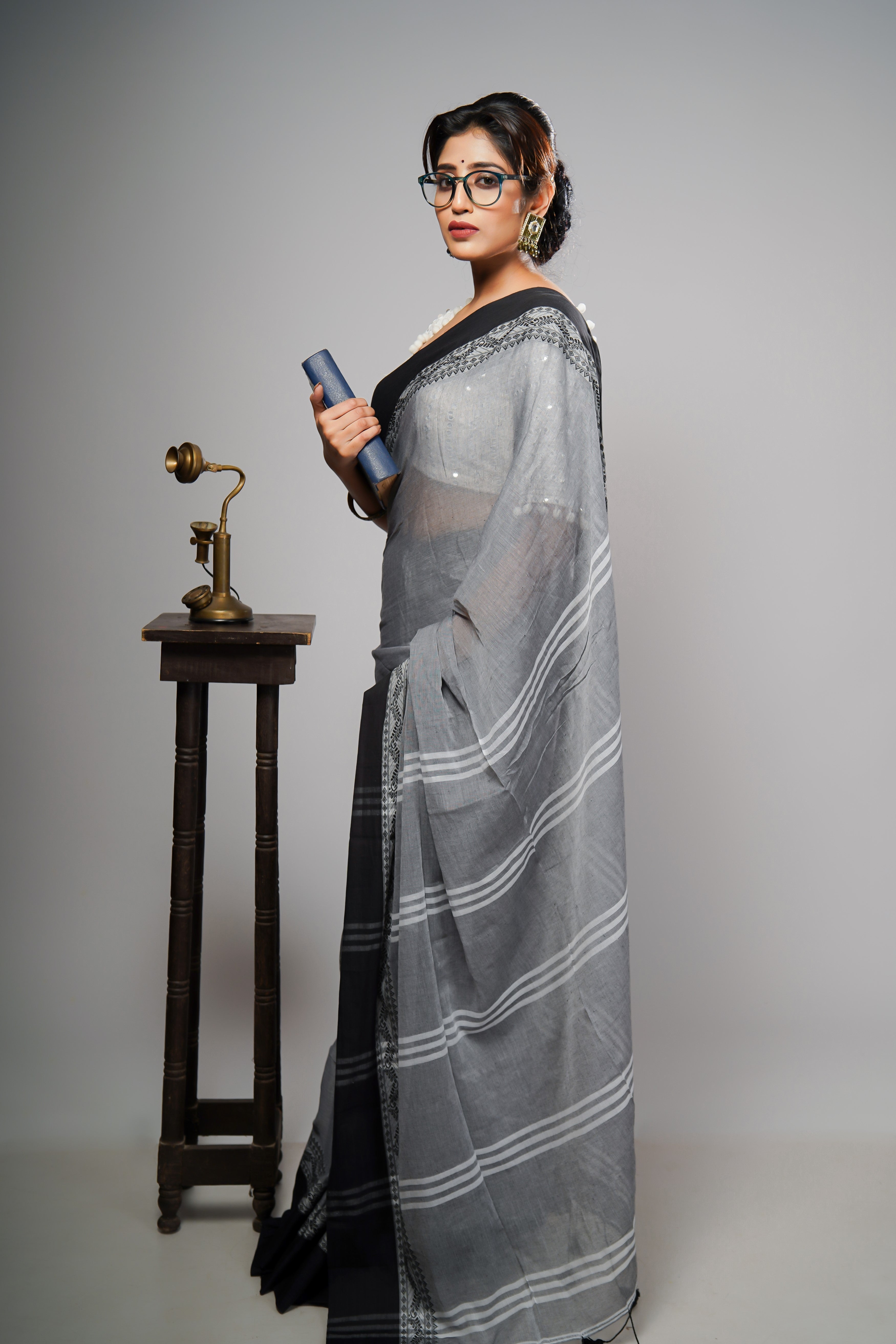 Grey & Black Mul Mul Cotton Saree