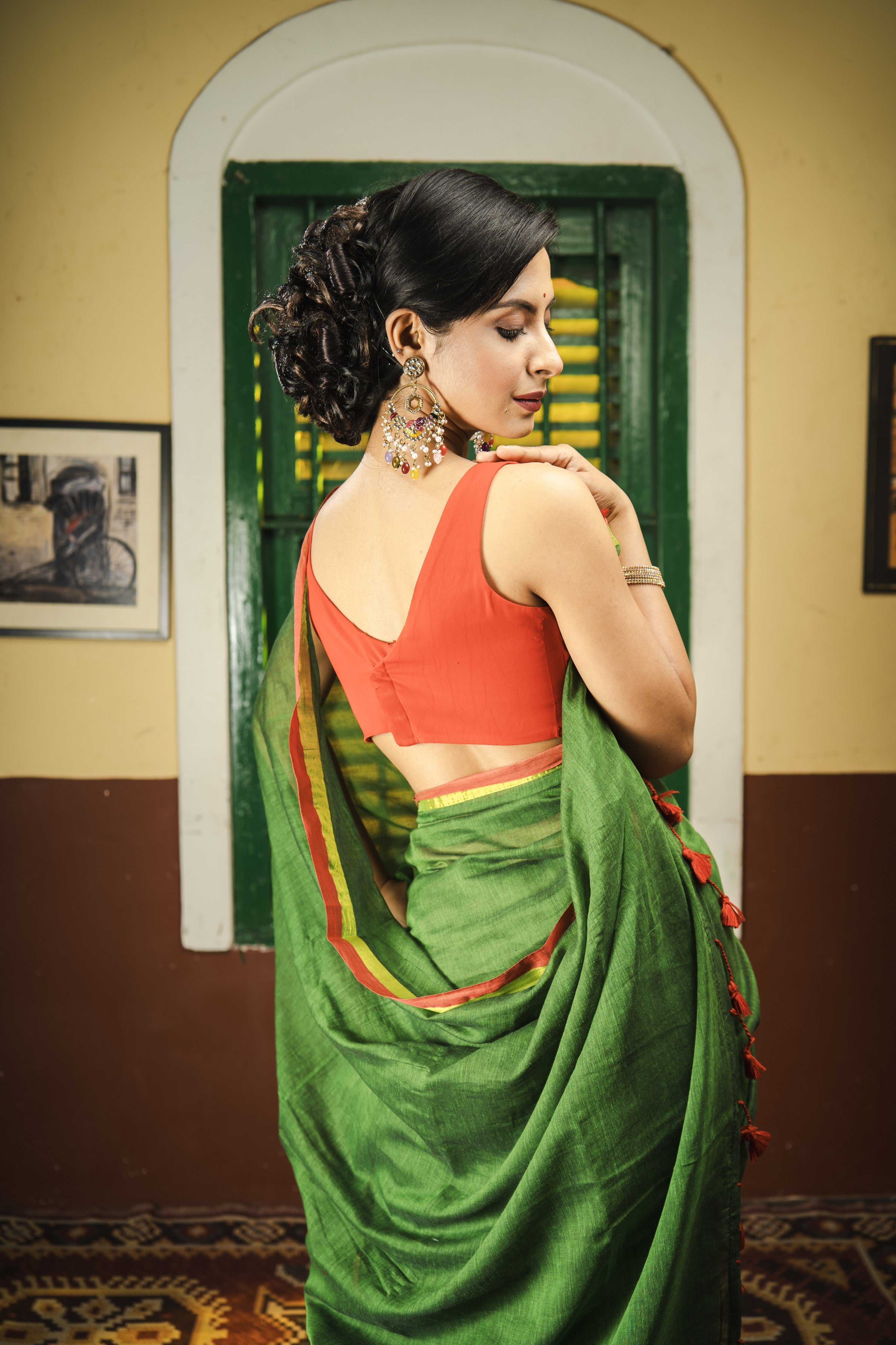 Green Mulmul Cotton Saree With Red Golden Border