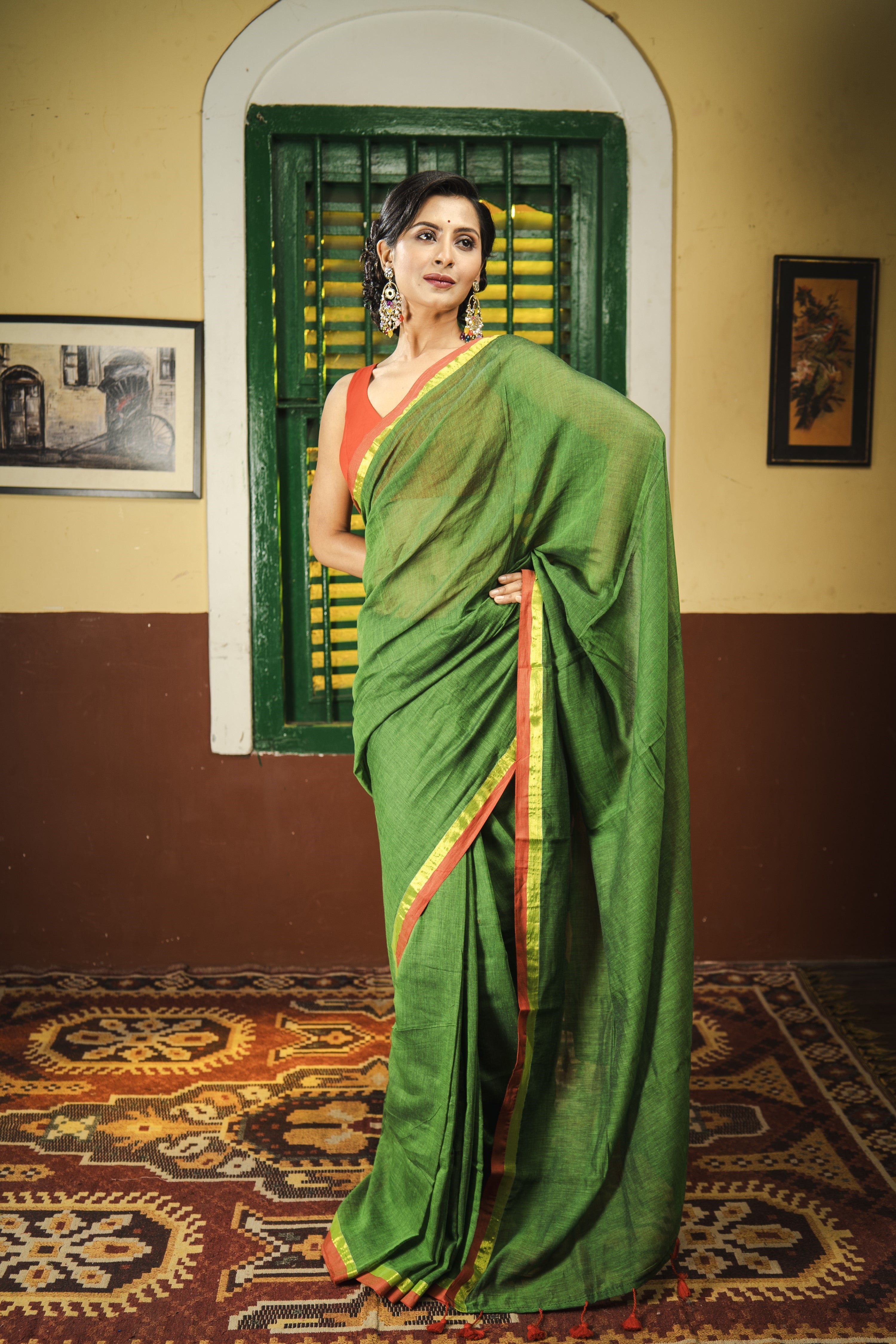 Green Mulmul Cotton Saree With Red Golden Border