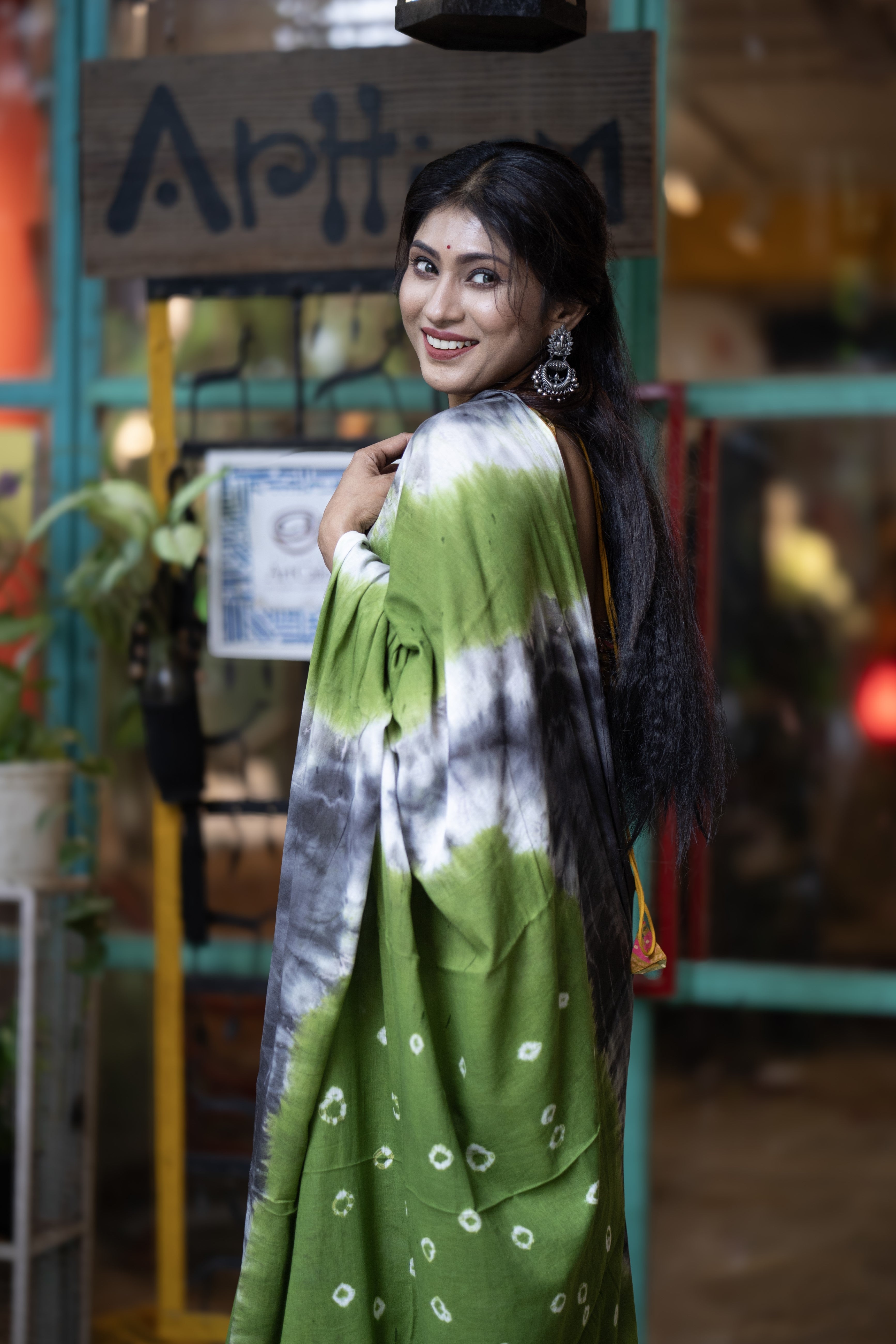 Green Bandhani Mulmul Cotton Saree with blouse piece