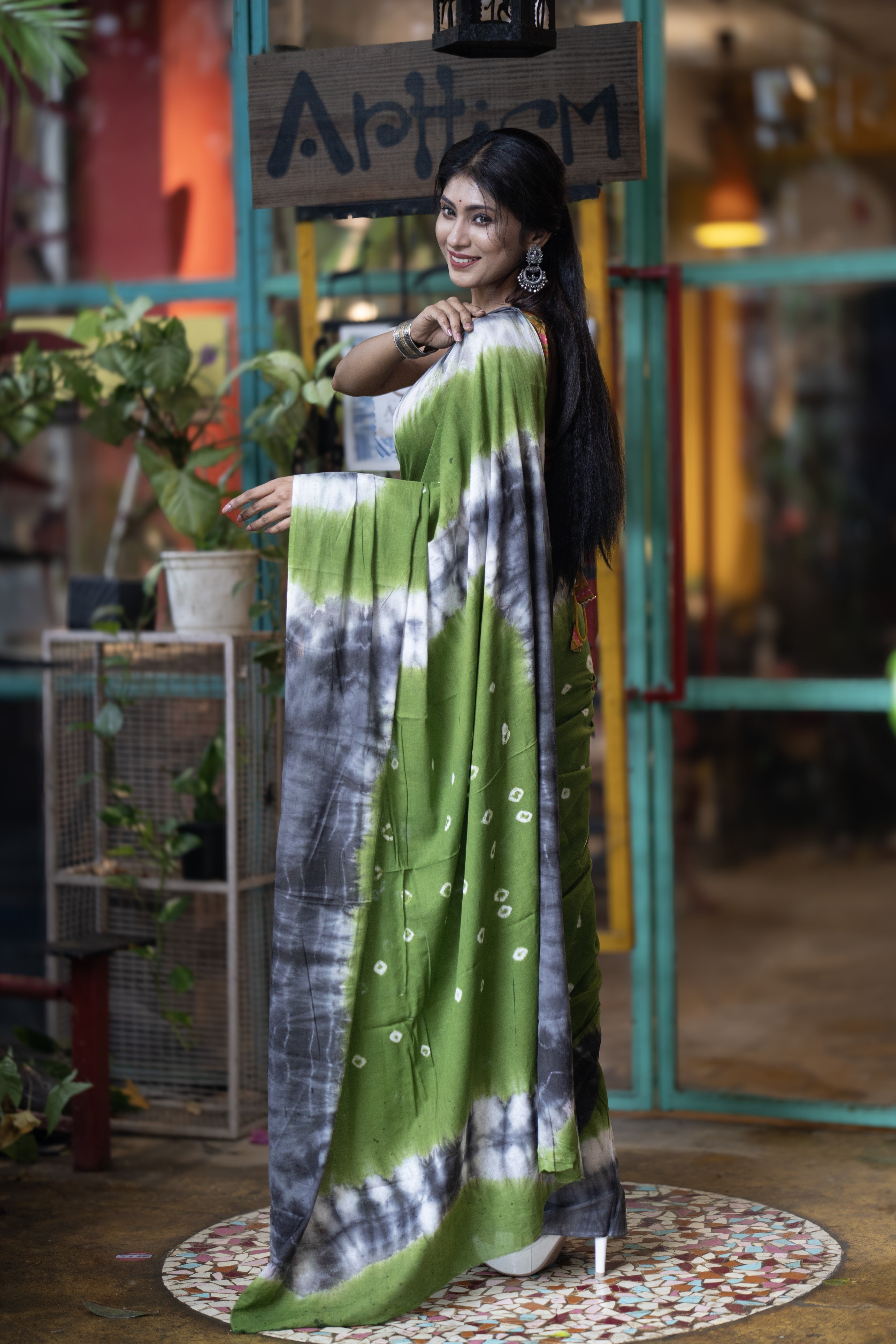 Green Bandhani Mulmul Cotton Saree with blouse piece