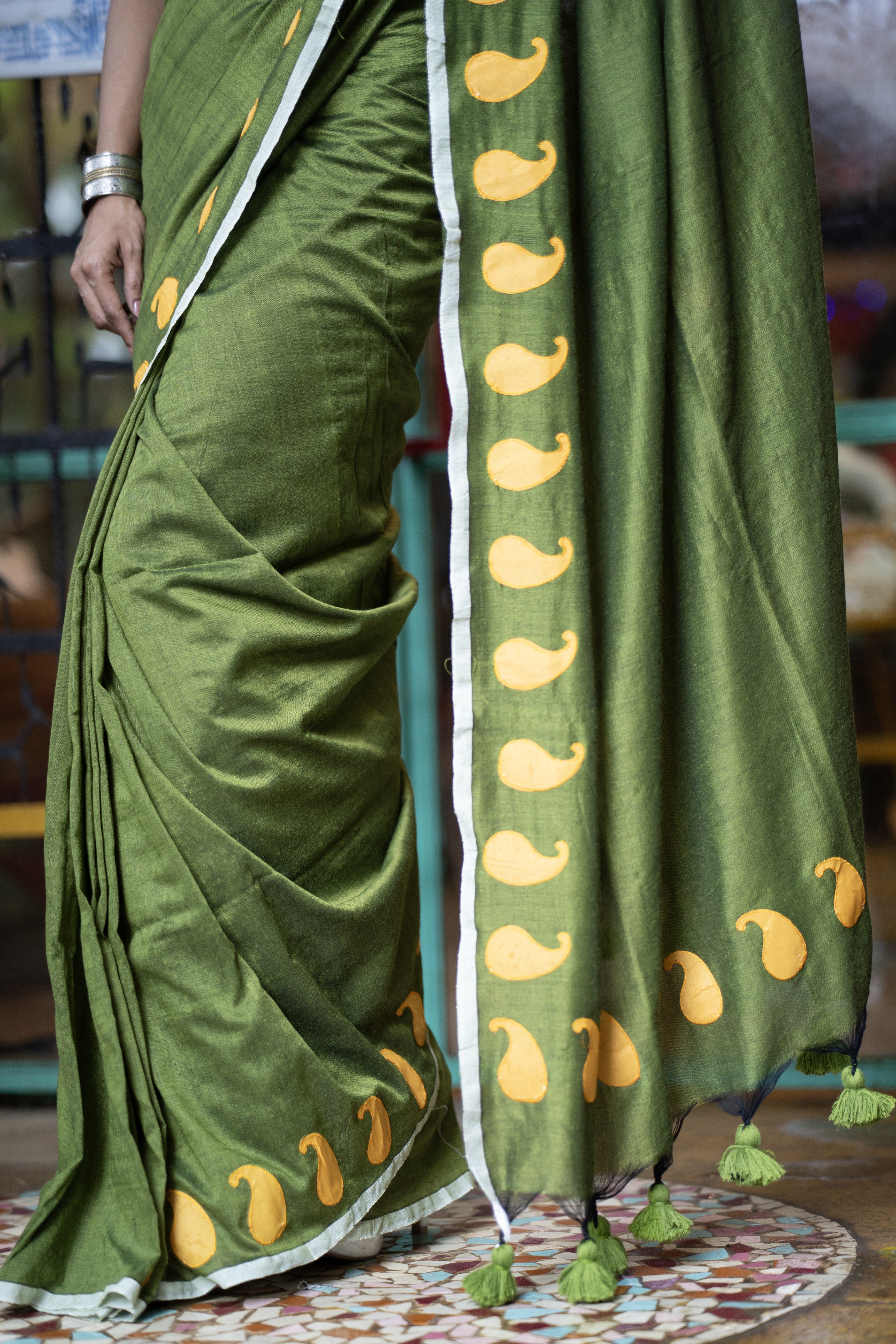 Polka Work Cotton Saree- Green