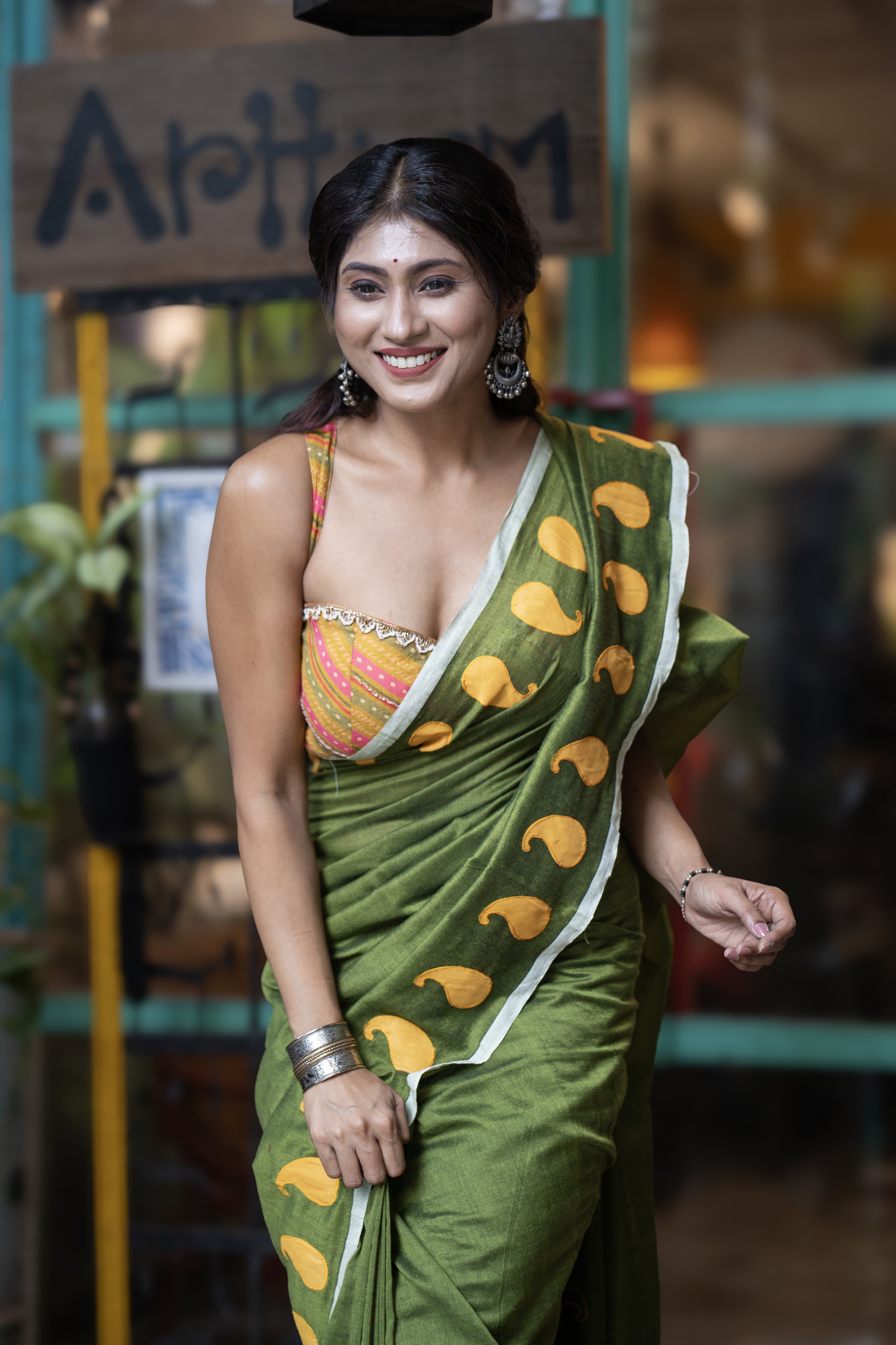 Polka Work Cotton Saree- Green